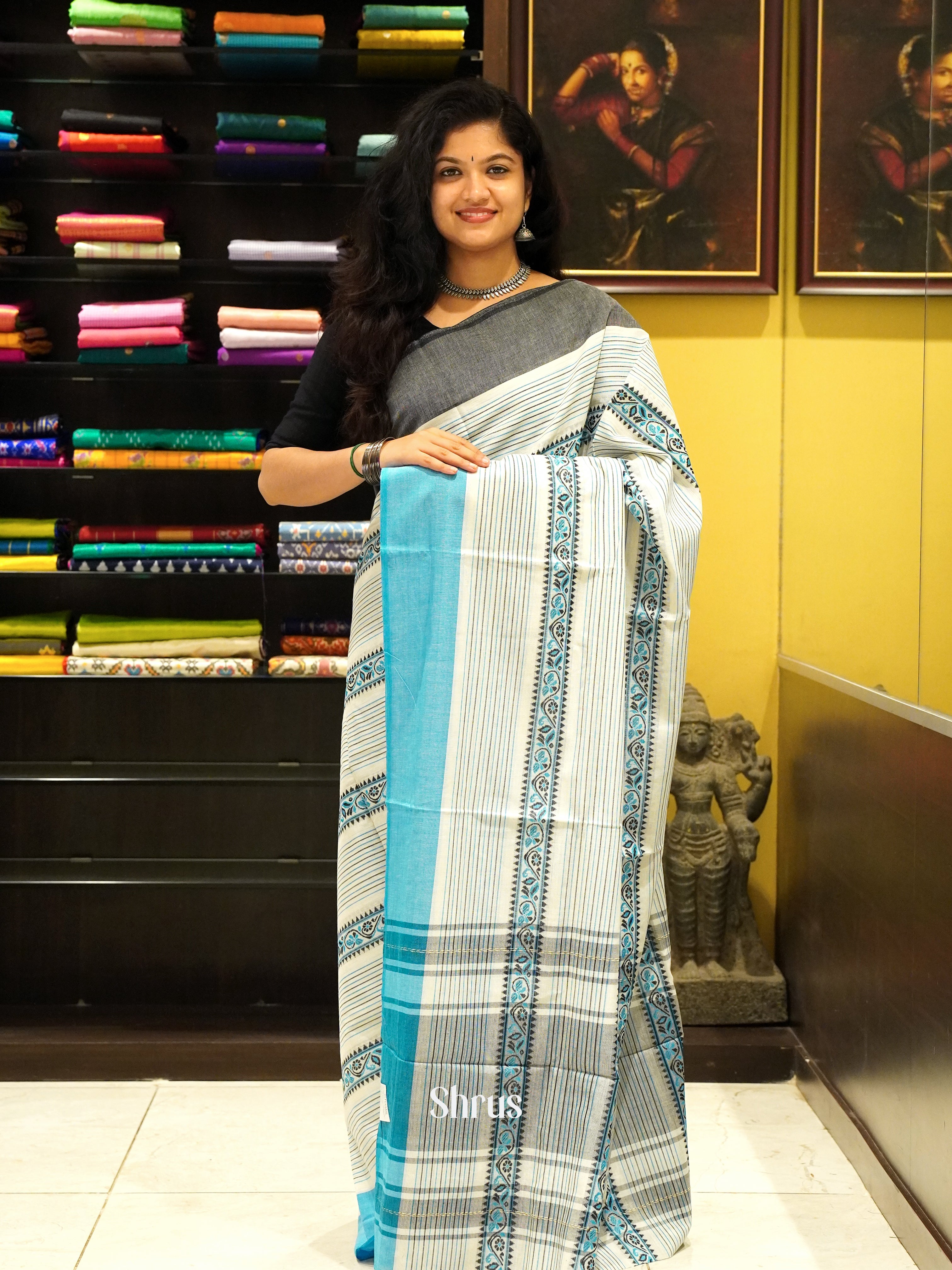 White & Blue - Mercerized cotton Saree