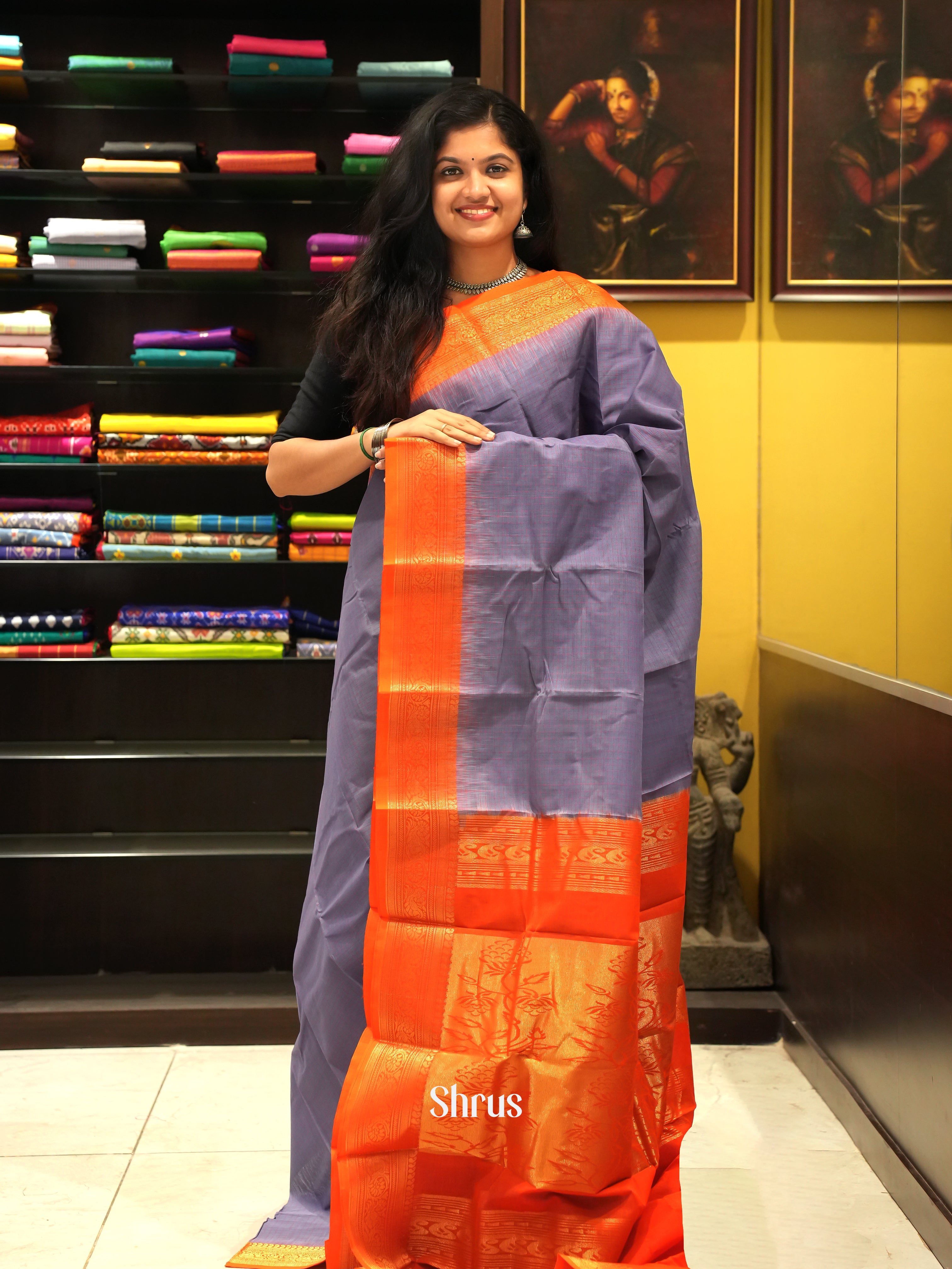 Grey & Orange - Mercerized cotton Saree