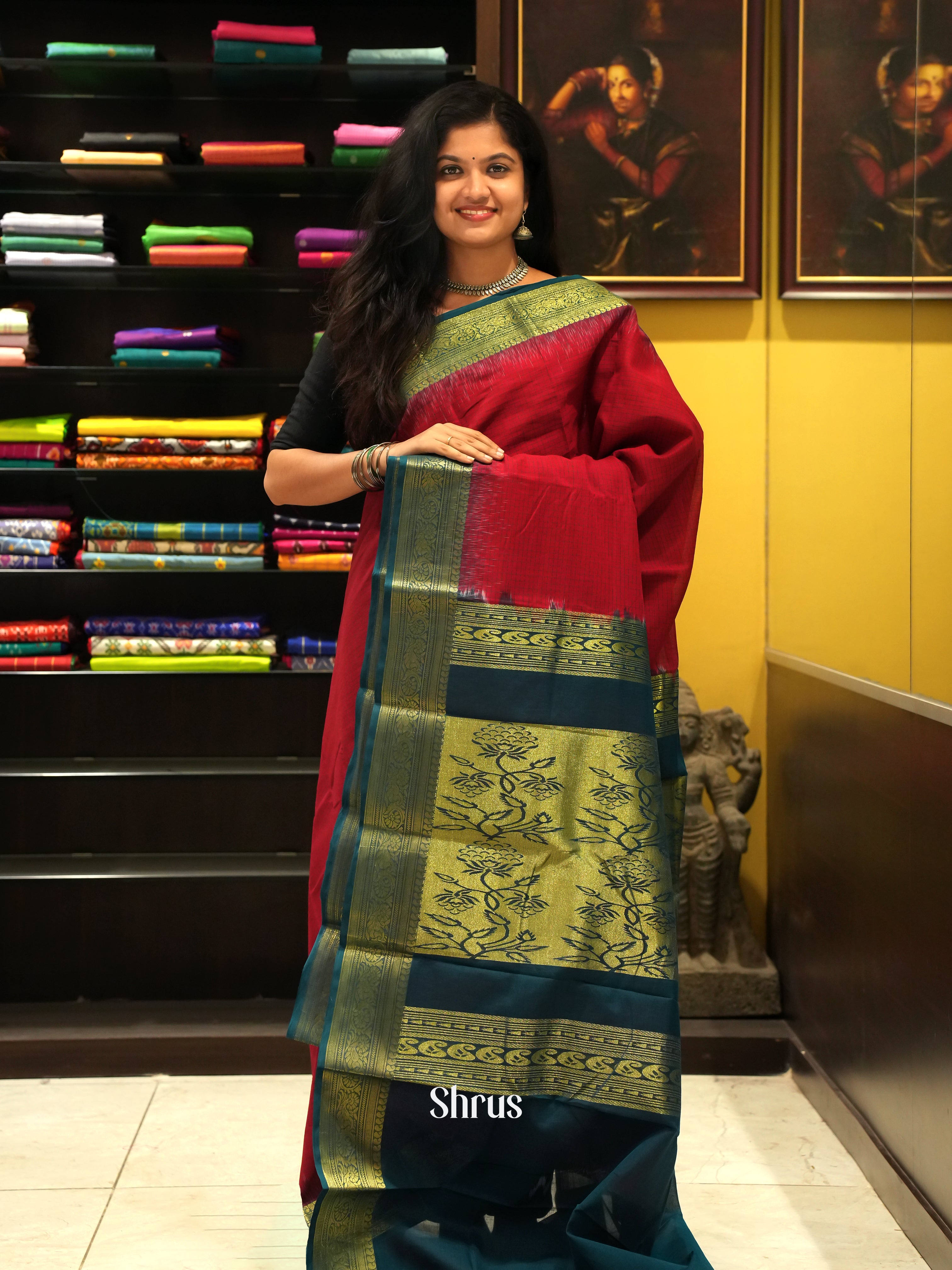 Red & Green - Mercerized cotton Saree