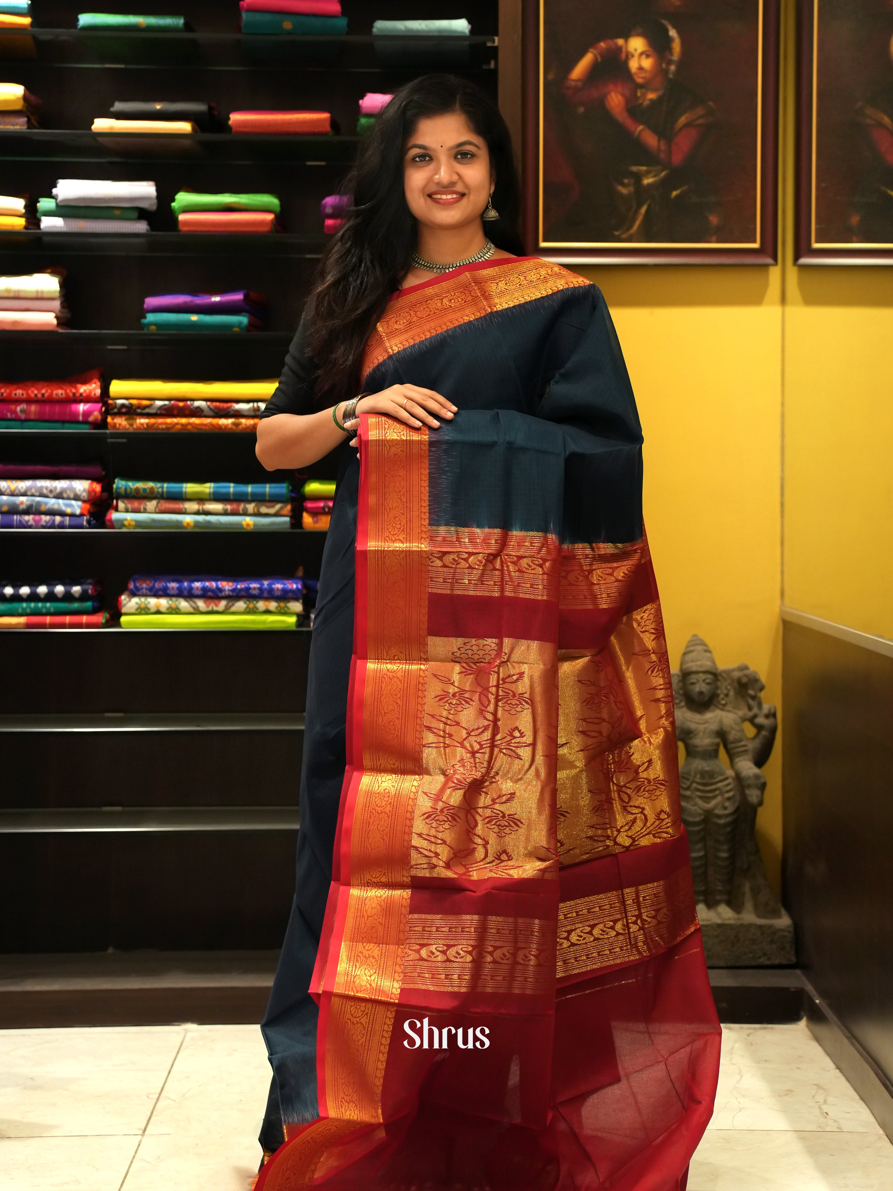 Peacock Green & Maroon - Mercerized cotton Saree