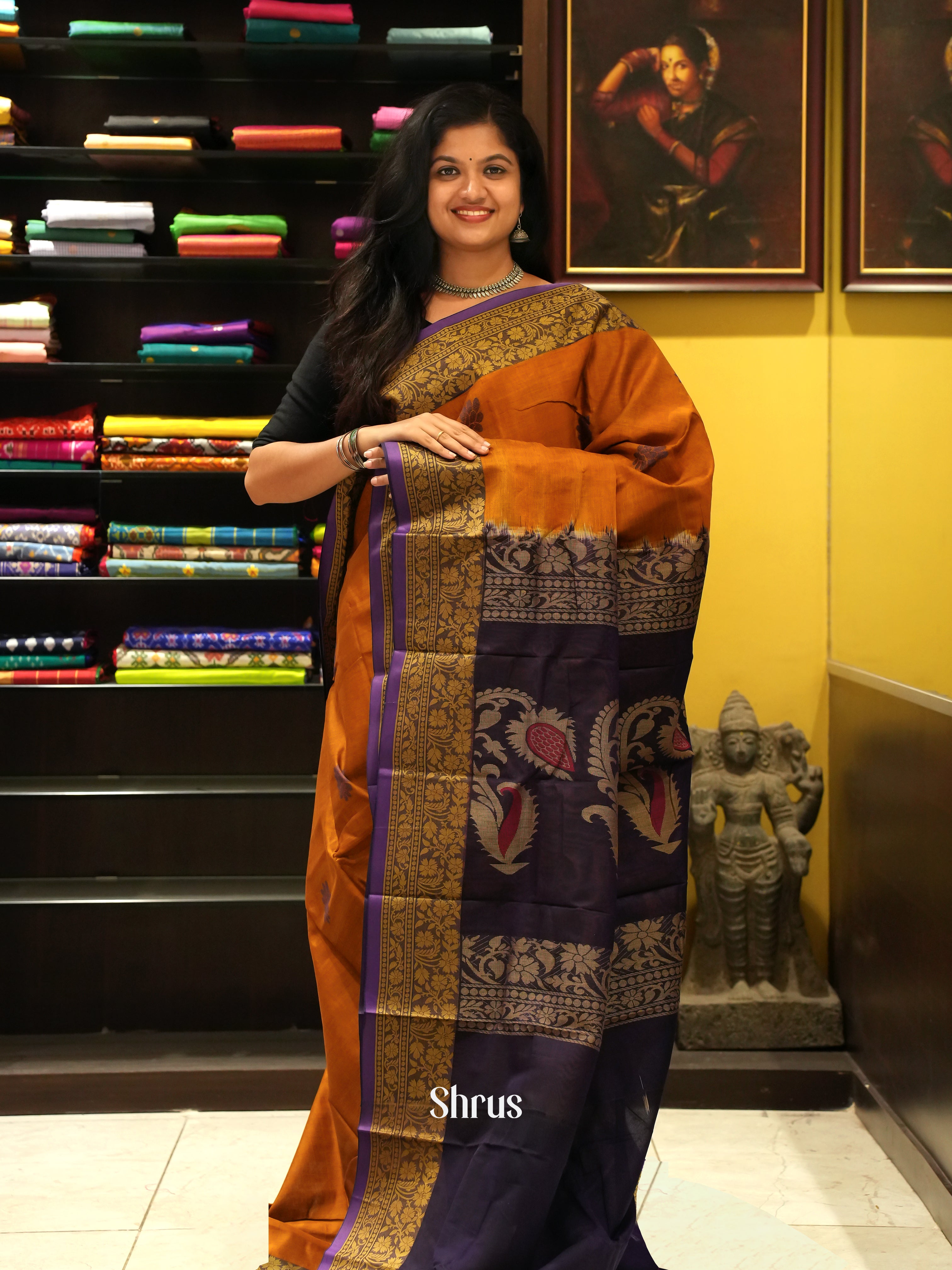 Brick Orange & Violet  - Mercerized cotton Saree