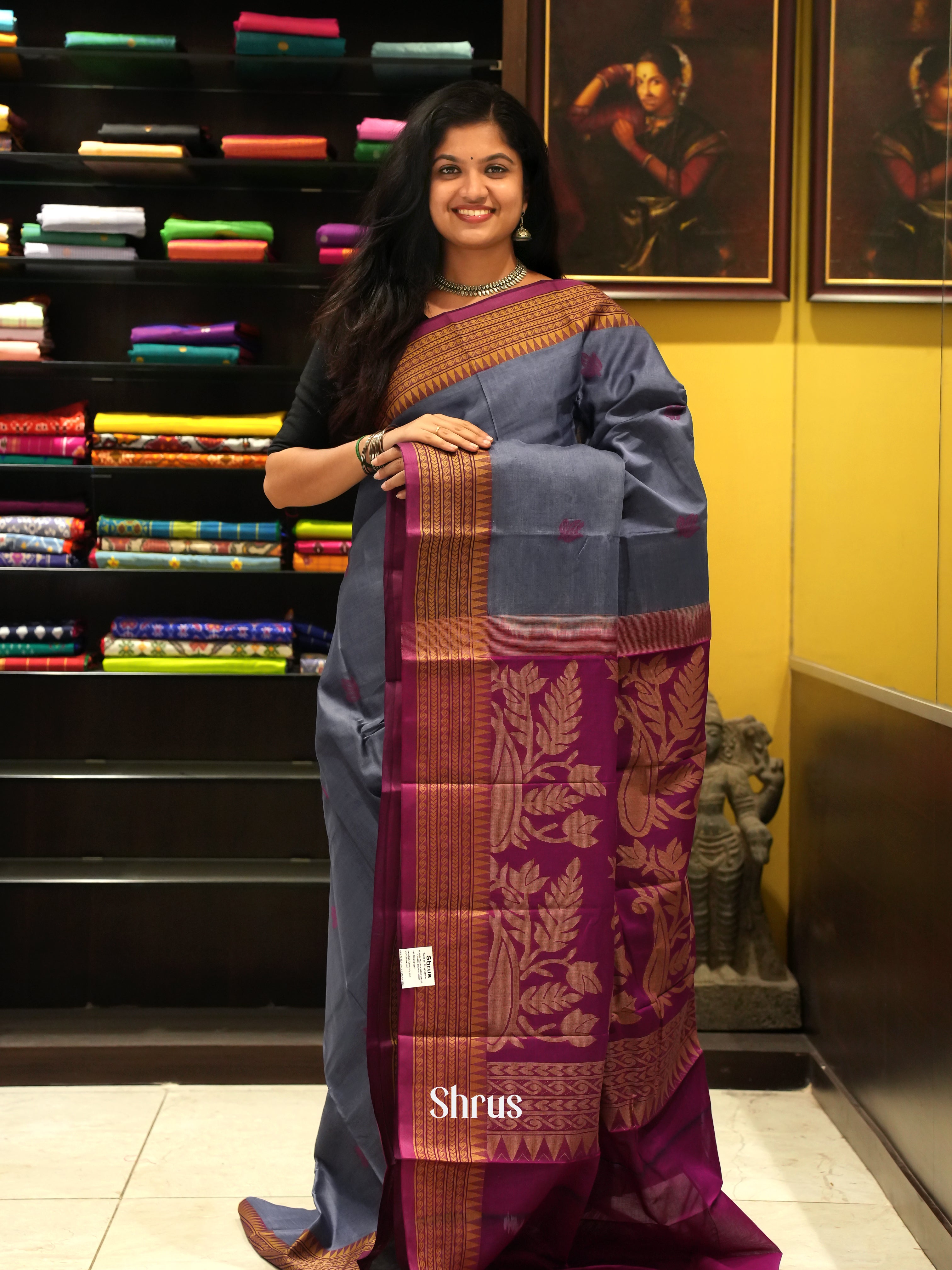 Grey& Purple - Mercerized cotton Saree