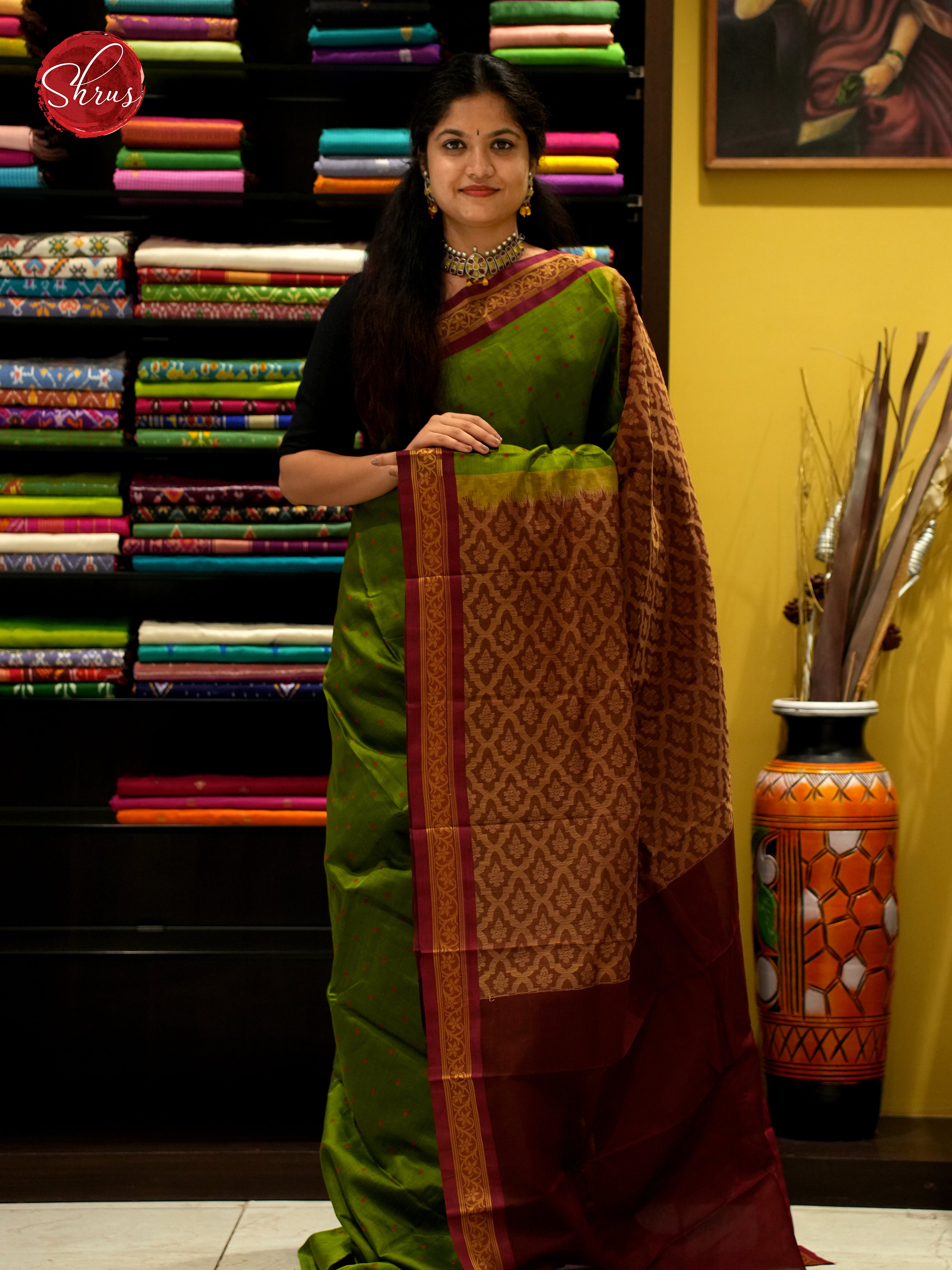 Green & Maroon - Mercerized Cotton Saree - Shop on ShrusEternity.com