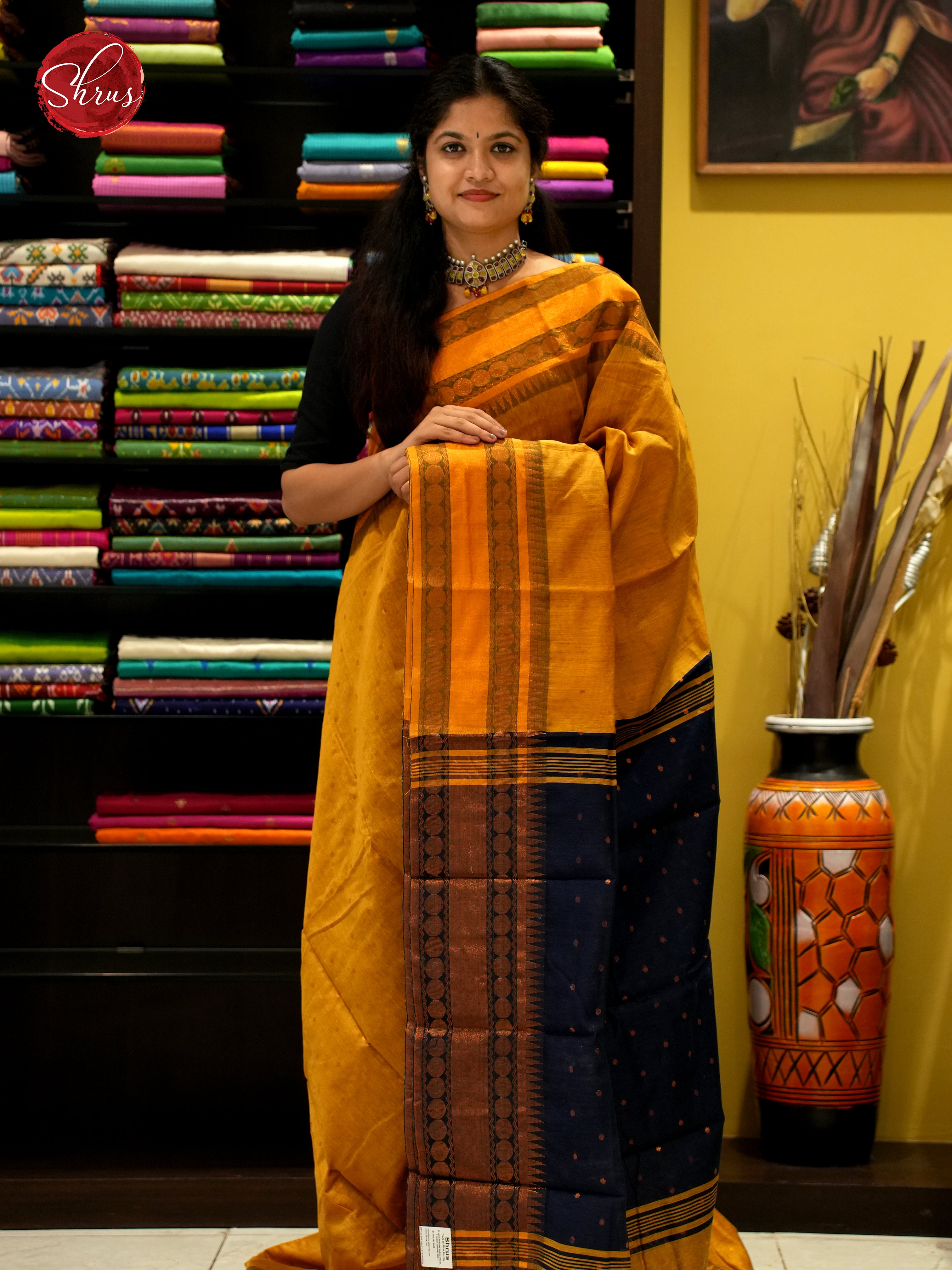 Mustard & Blue - Mercerized Cotton Saree - Shop on ShrusEternity.com