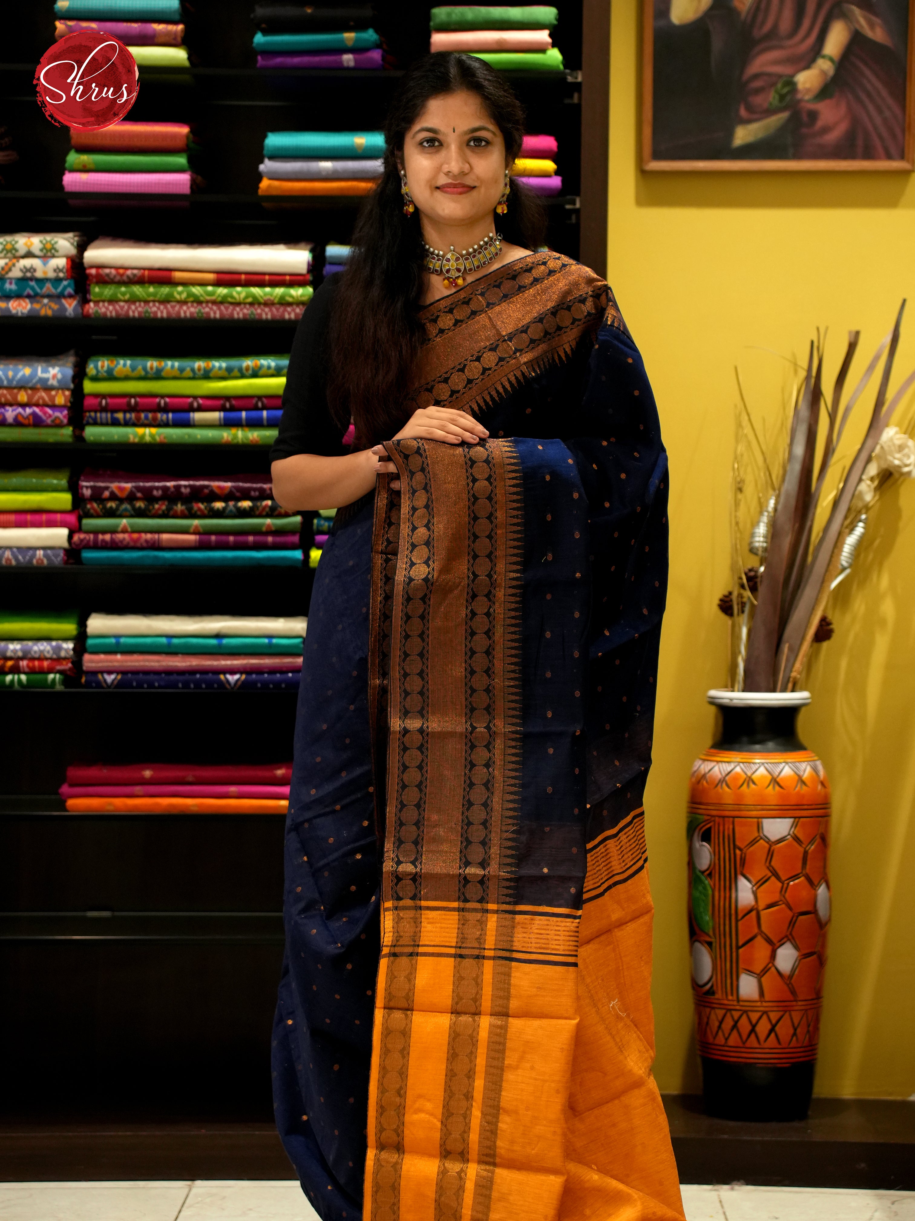 Blue & Orange  - Mercerized Cotton Saree - Shop on ShrusEternity.com