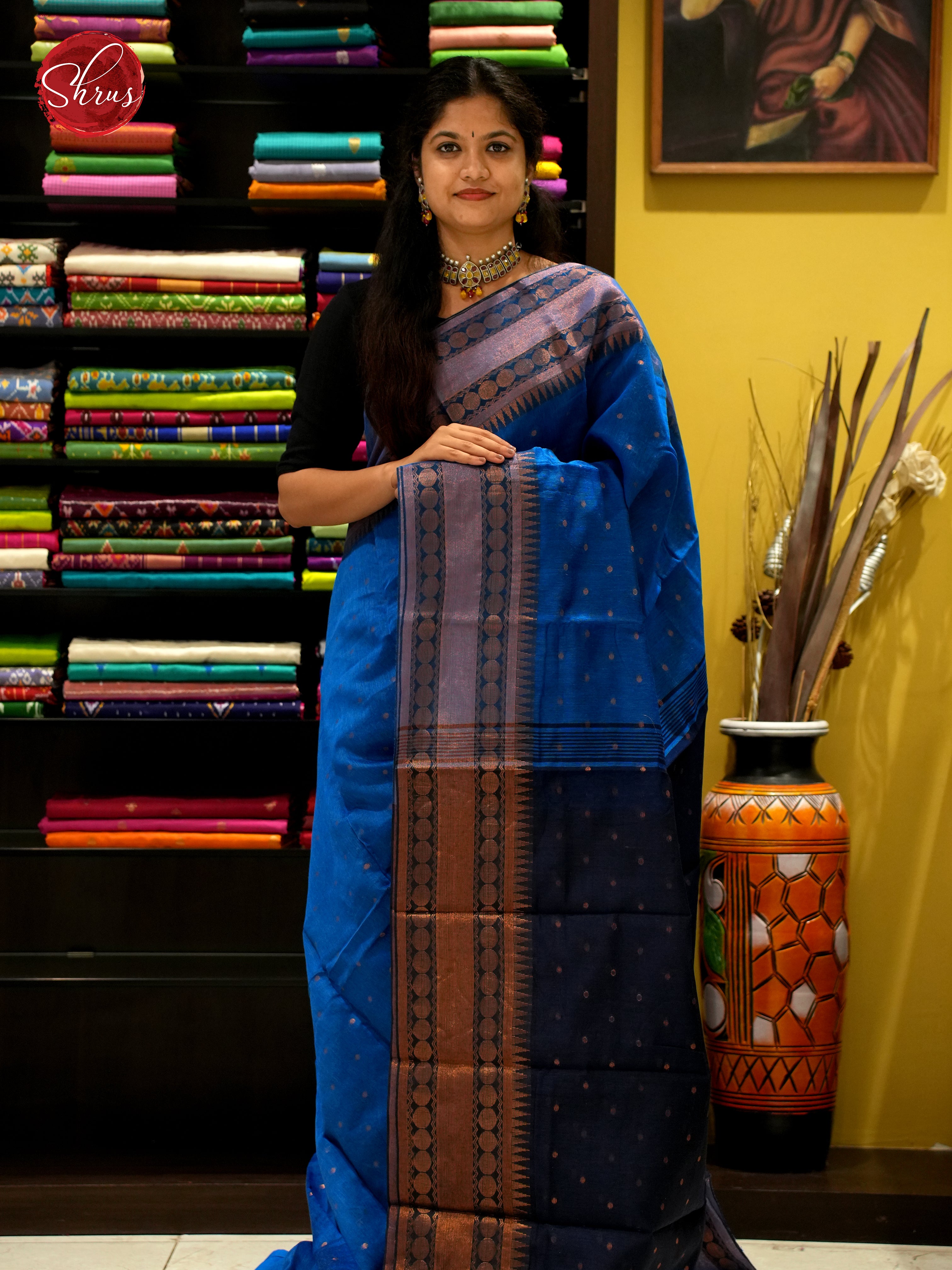 Blue & Navy Blue - Mercerized Cotton Saree - Shop on ShrusEternity.com