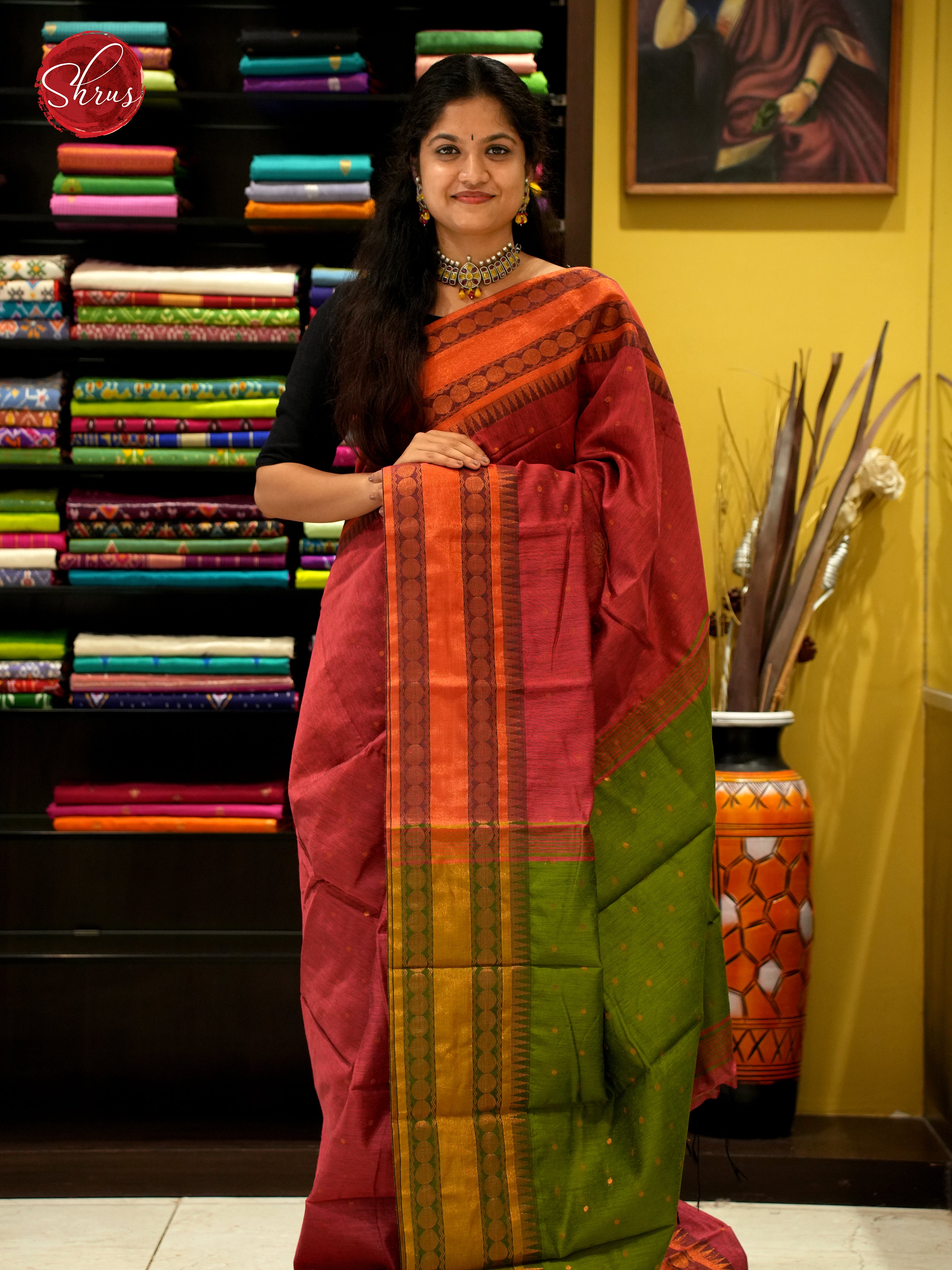 Brick & Green - Mercerized Cotton Saree - Shop on ShrusEternity.com