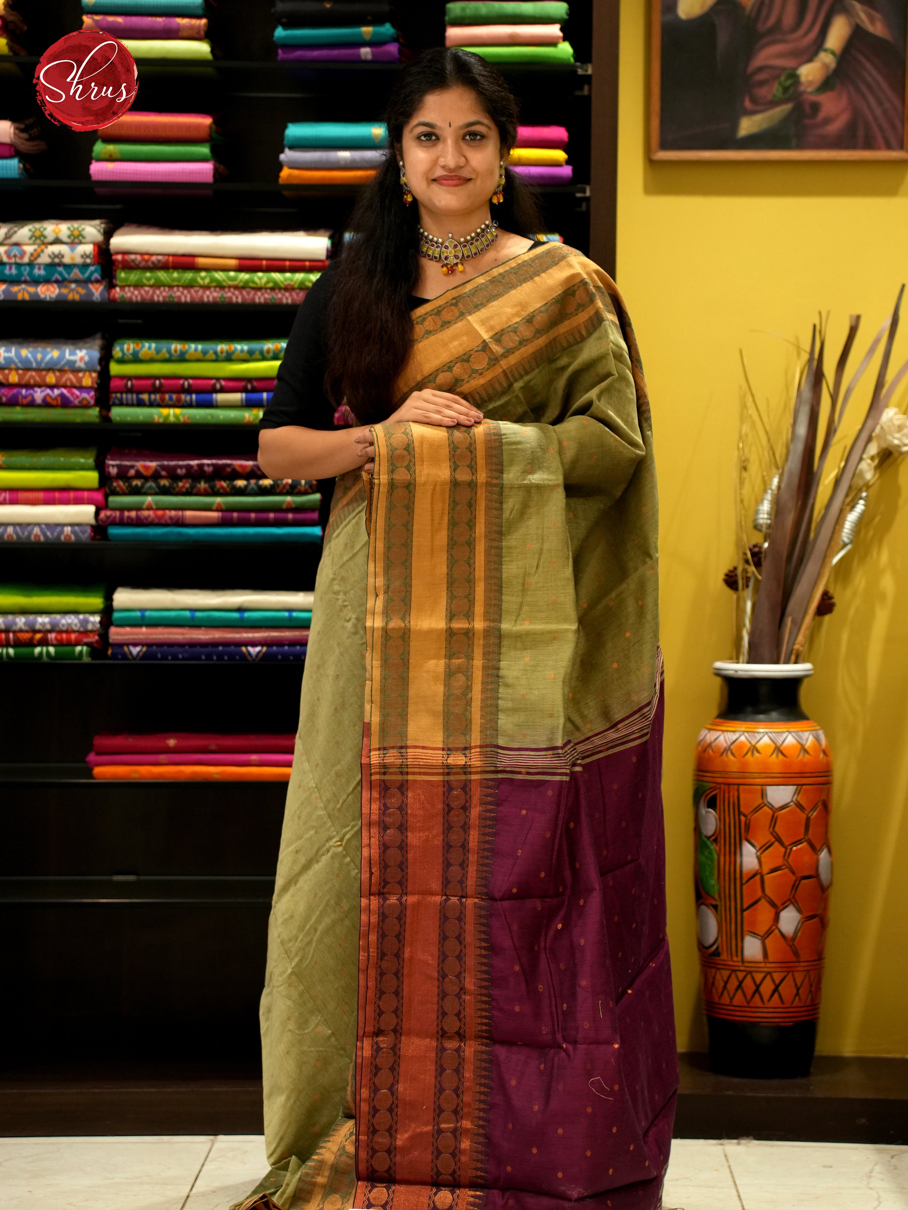 Green & Wine - Mercerized Cotton Saree - Shop on ShrusEternity.com