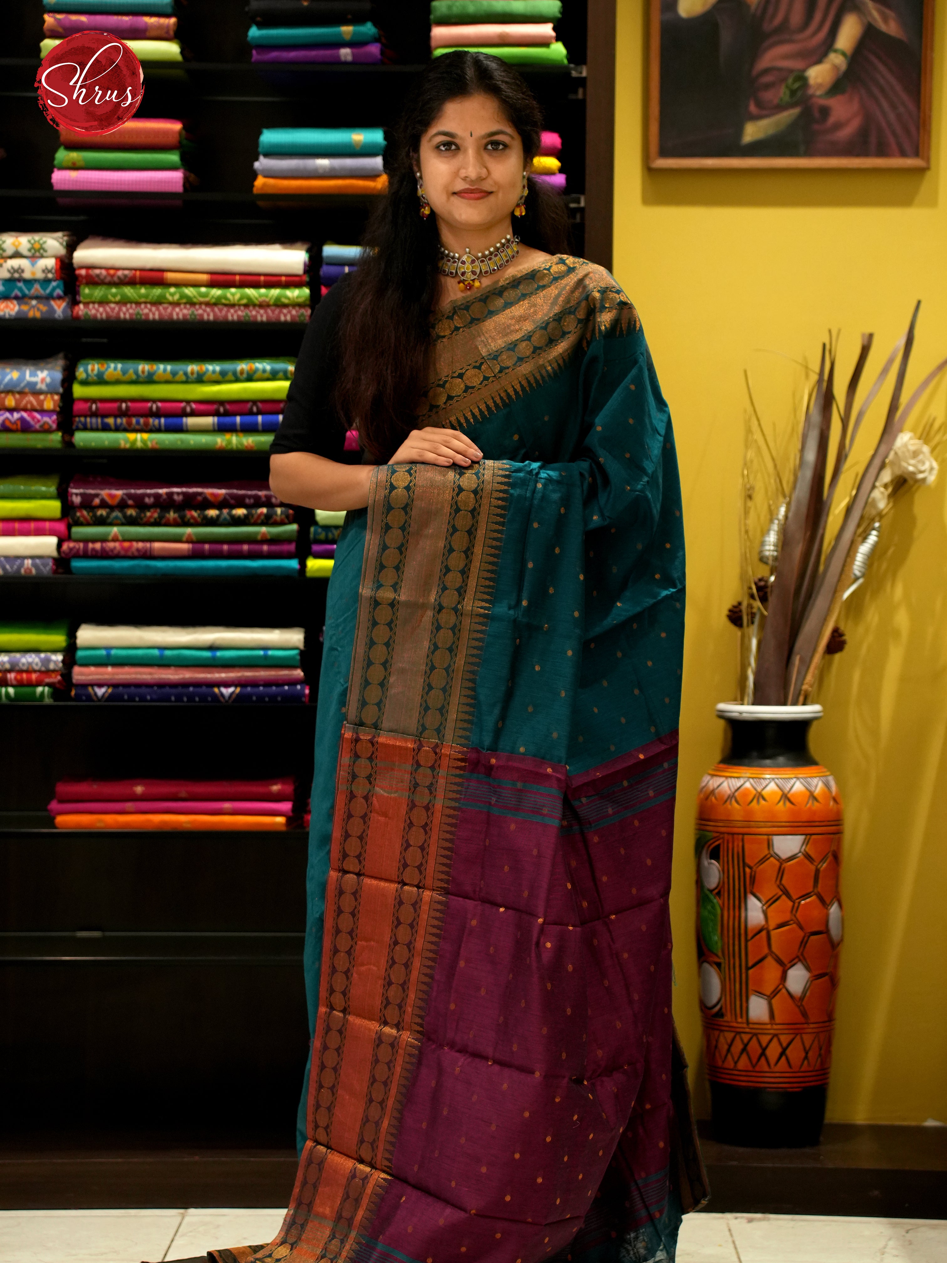 Peacock Green & Maroon- Mercerized Cotton Saree - Shop on ShrusEternity.com