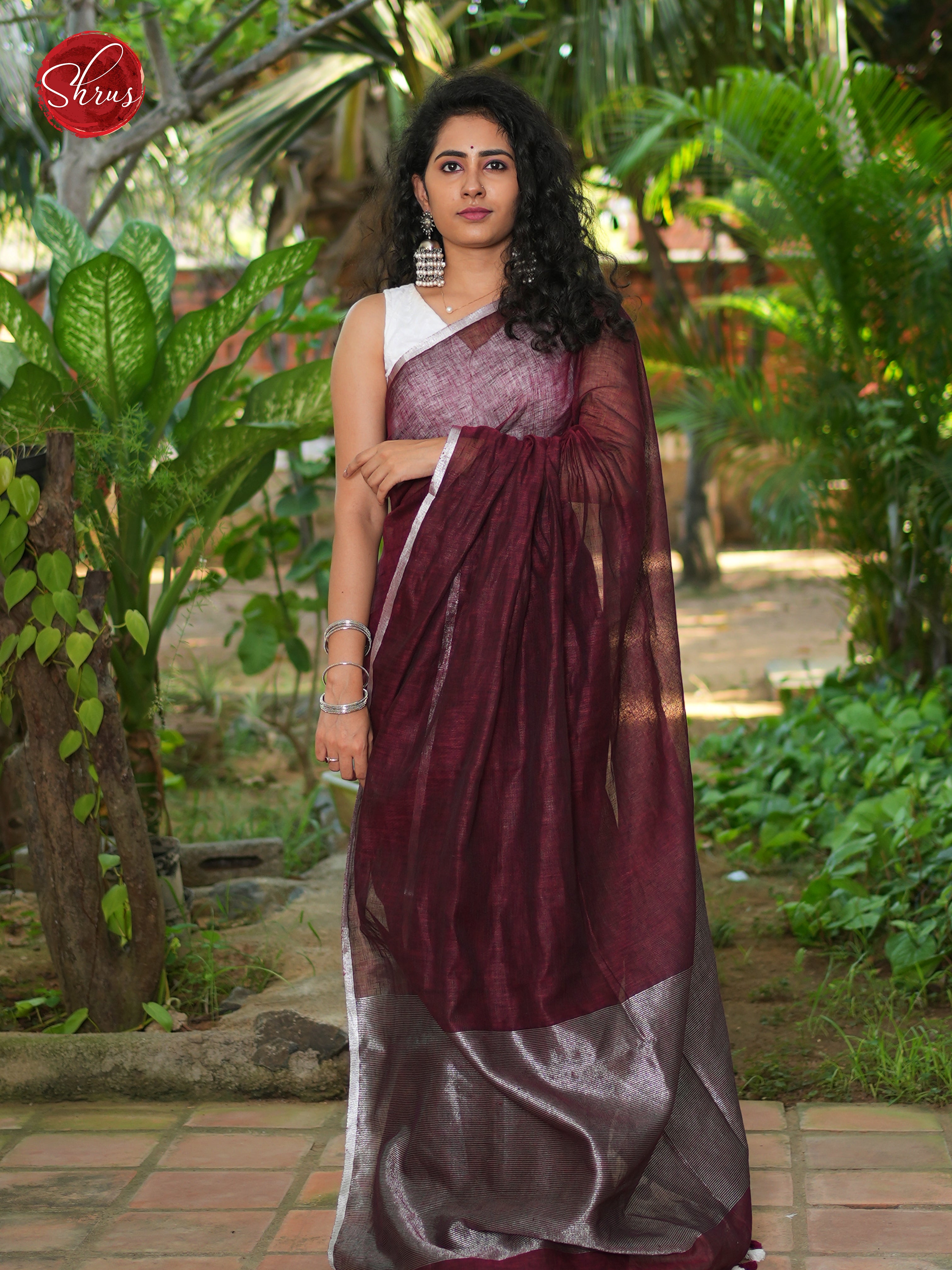 Wine(Single Tone) - Linen Saree - Shop on ShrusEternity.com