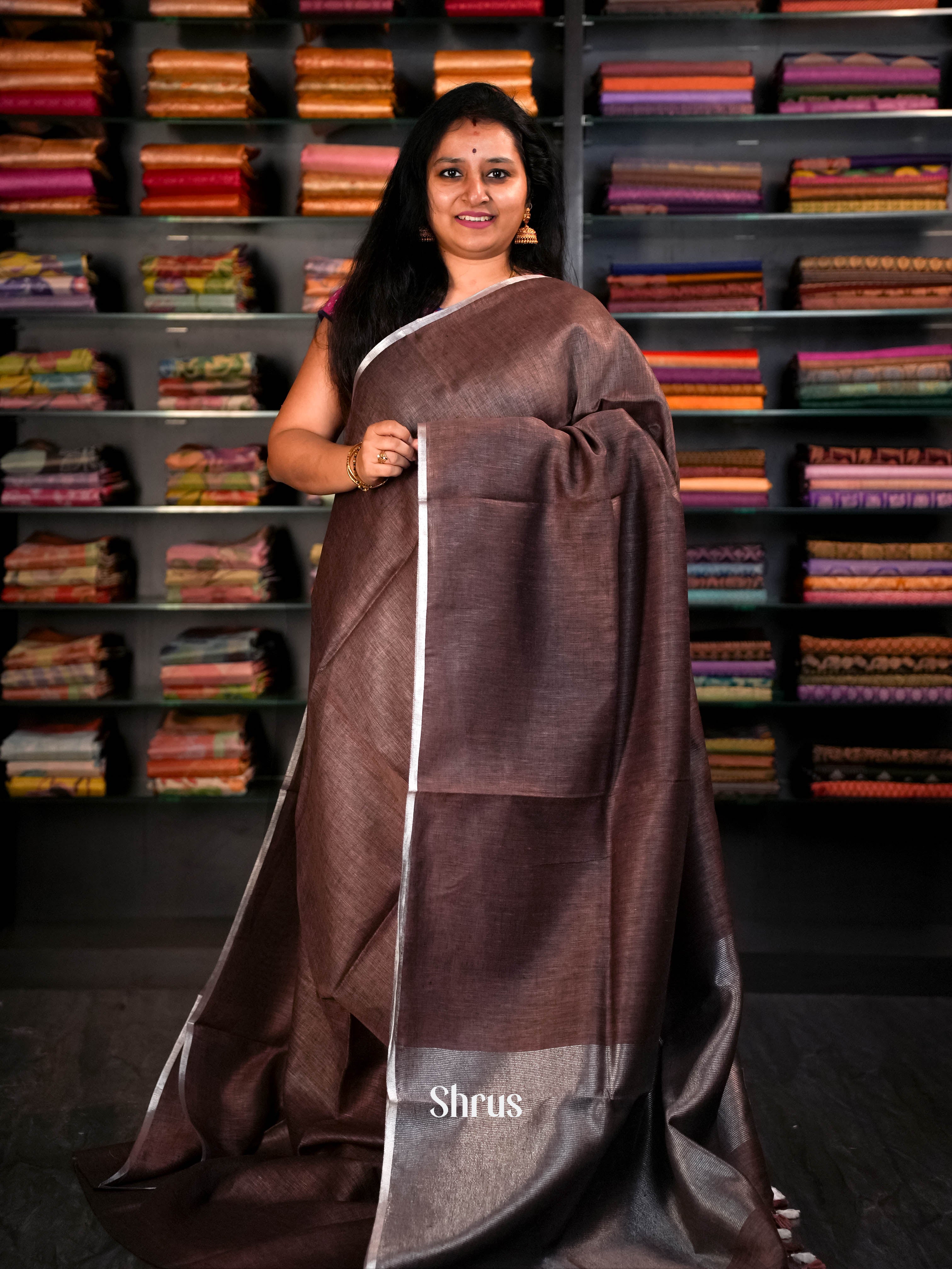 Silver & Brown - Linen Saree Saree