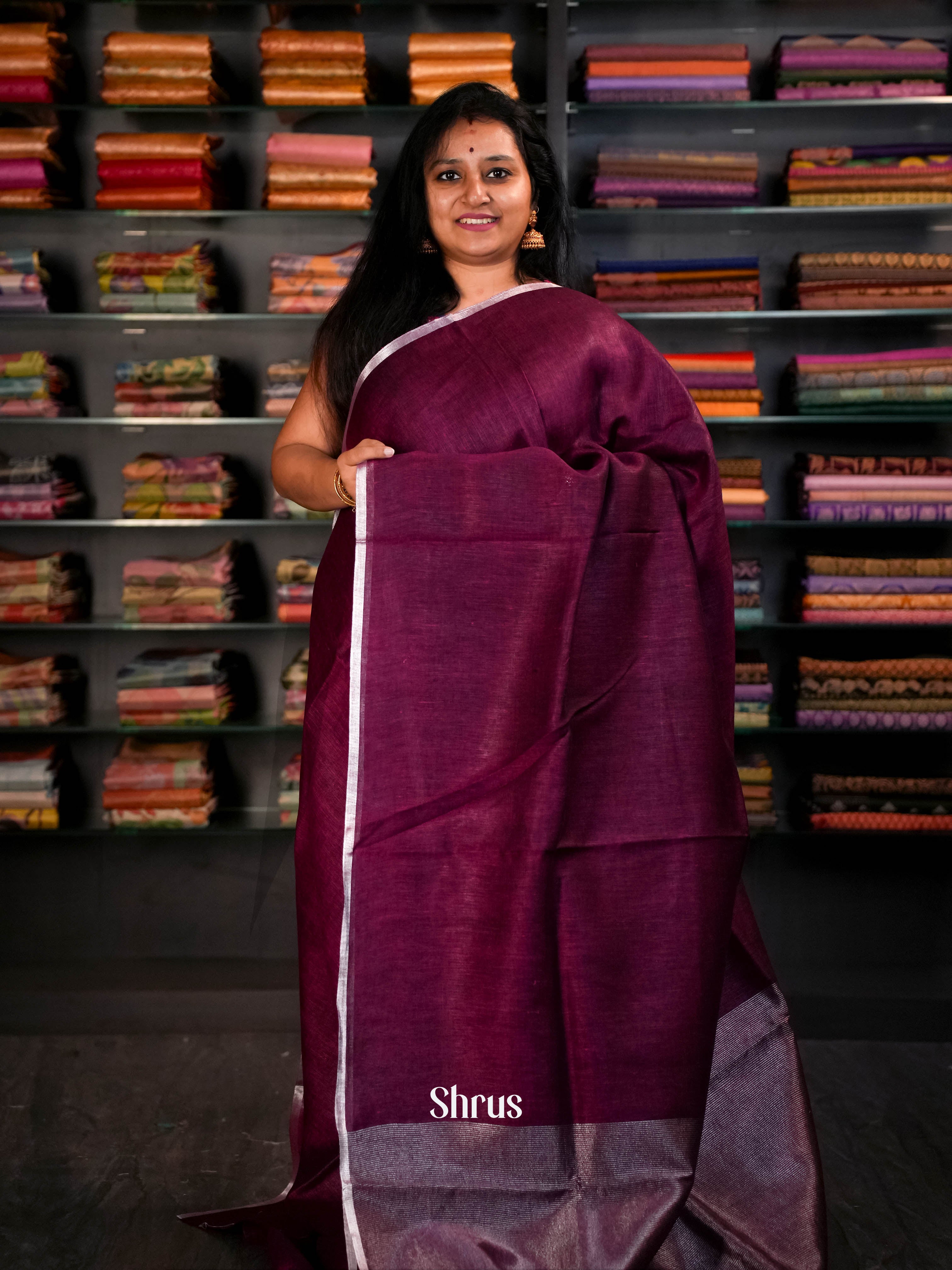 Violet Red  - Linen Saree Saree