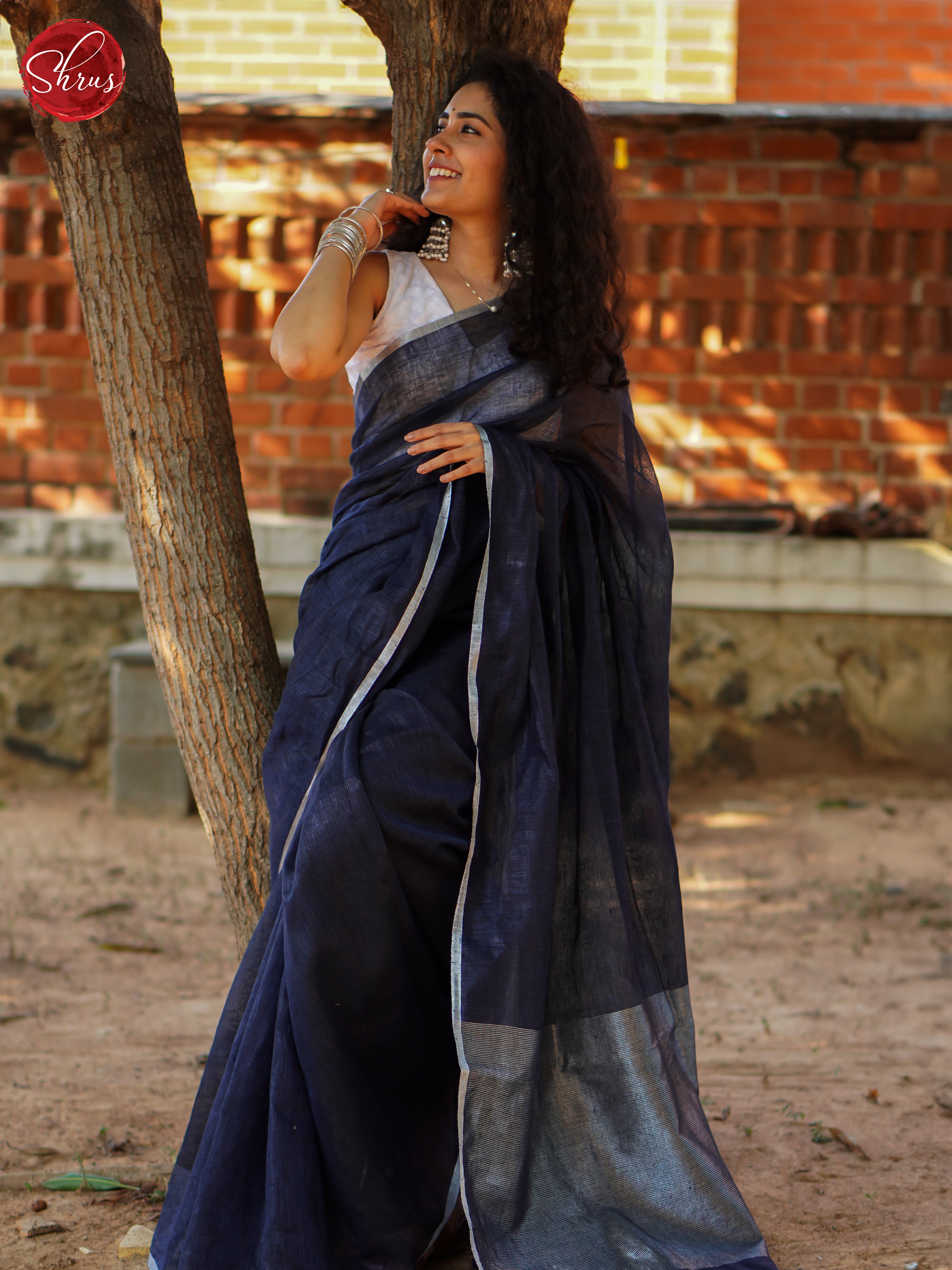 Blue(Single Tone) - Linen Saree - Shop on ShrusEternity.com