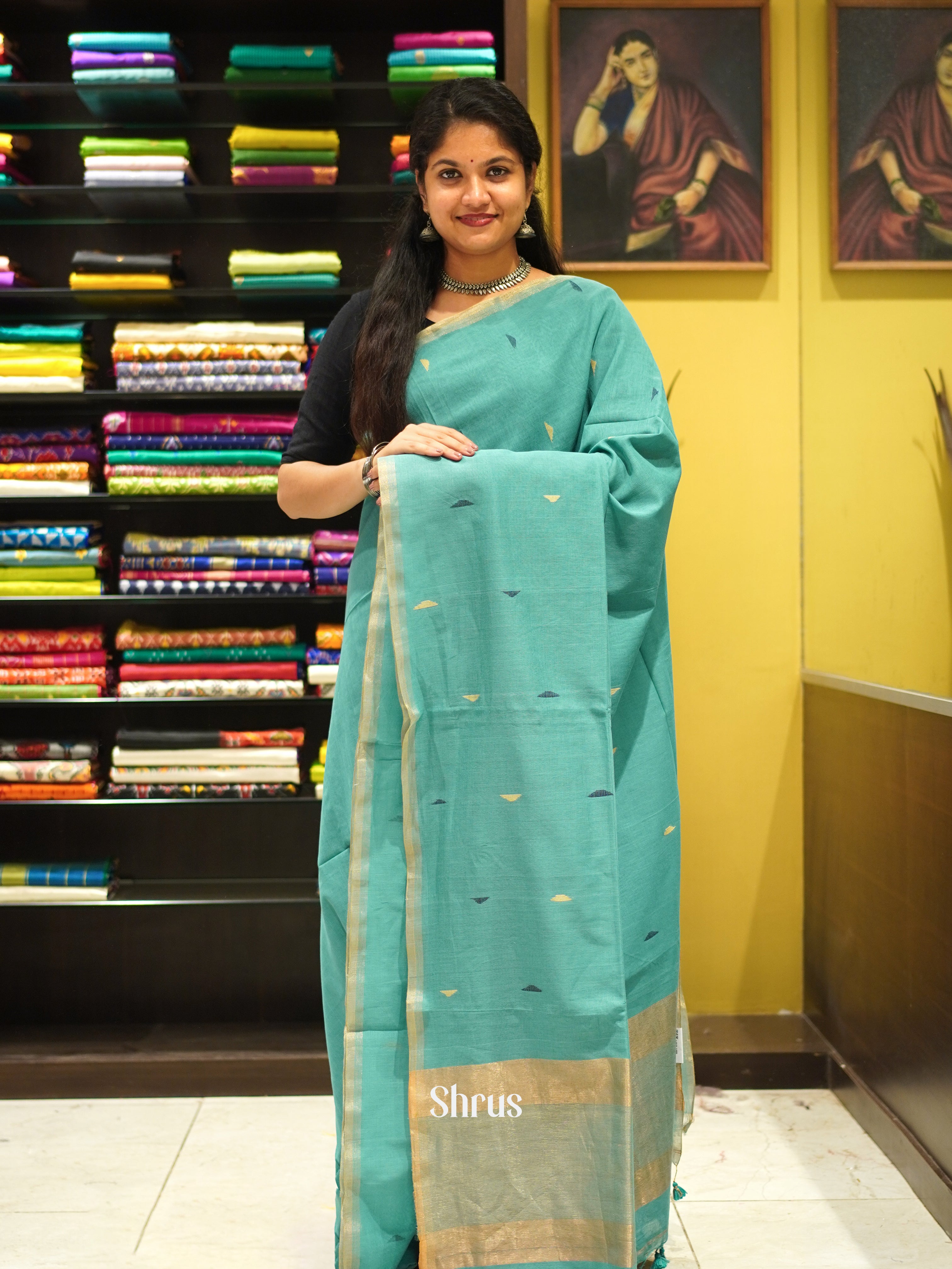 Teal Blue - Bengal cotton Saree - Shop on ShrusEternity.com