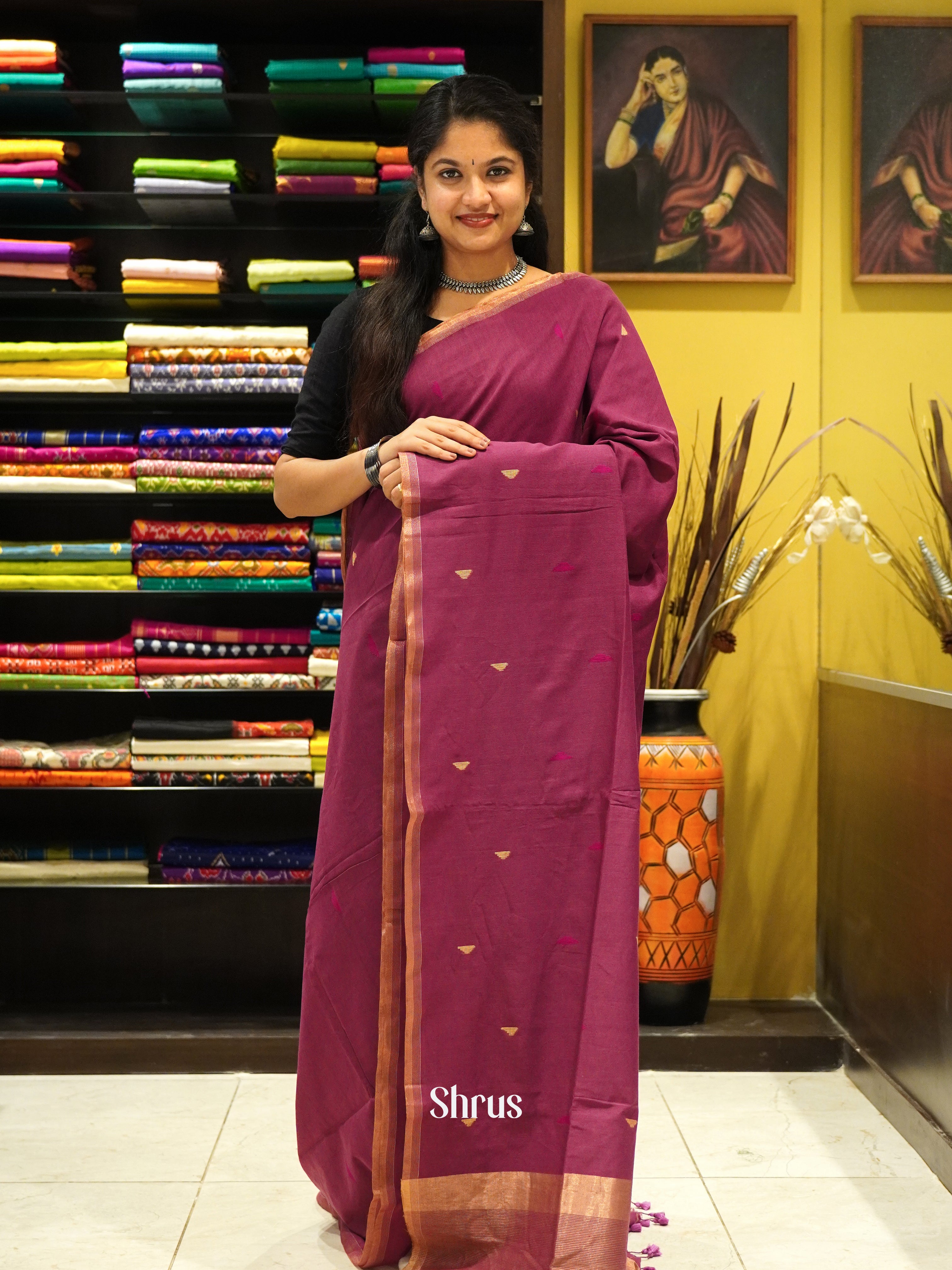 Wine  - Bengal Cotton Saree - Shop on ShrusEternity.com