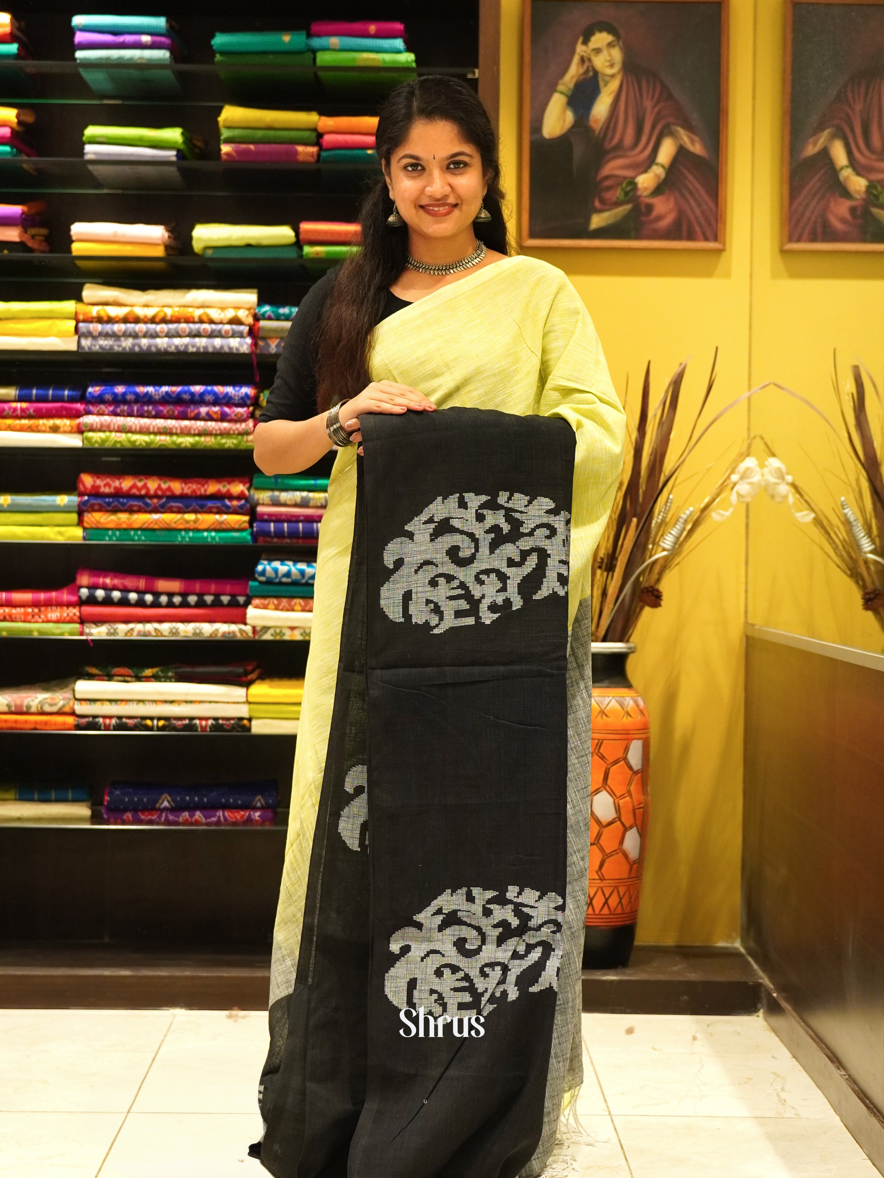 Yellow & Black - Bengal cotton Saree - Shop on ShrusEternity.com