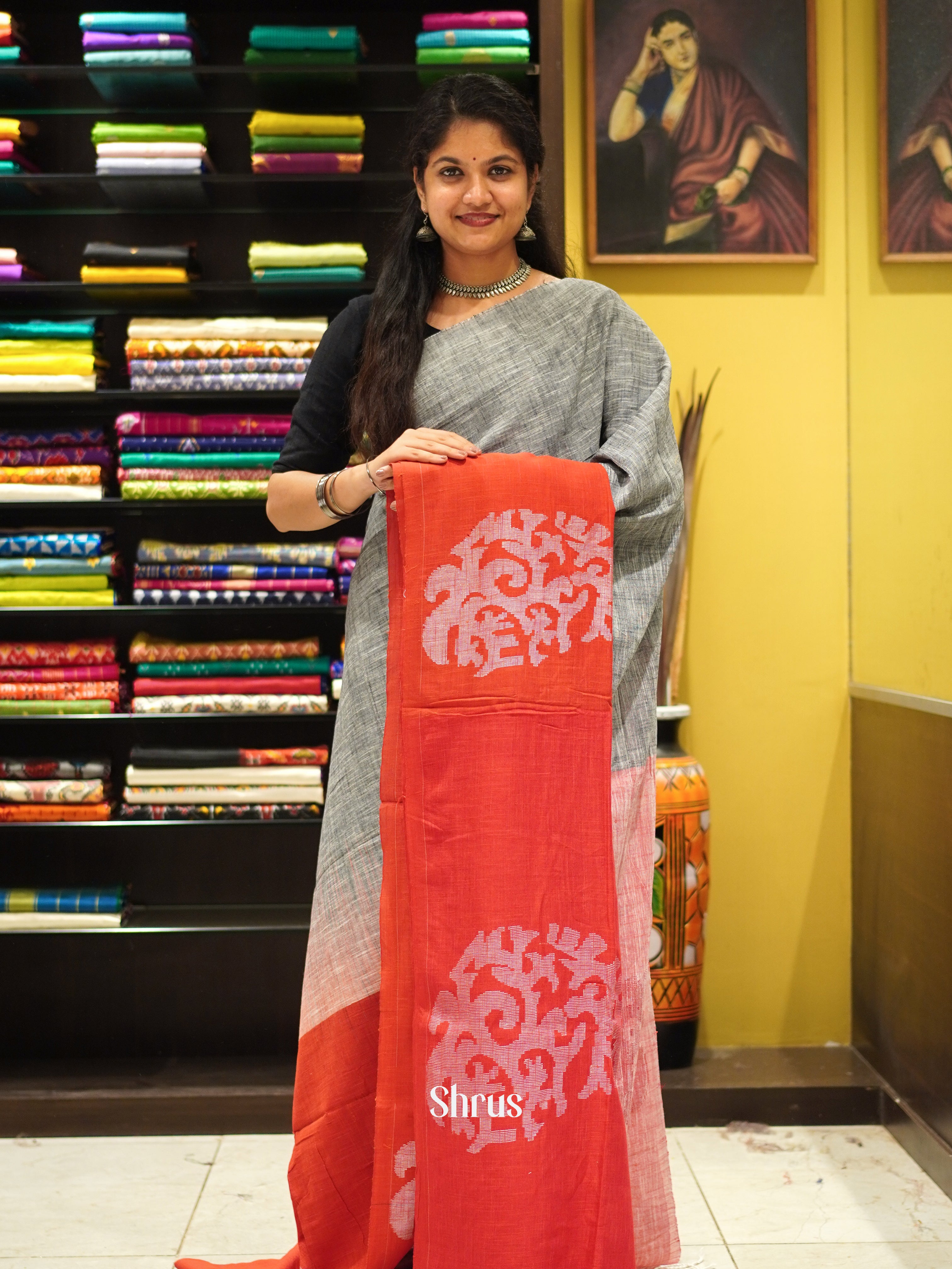 Grey & Red  - Bengal cotton Saree - Shop on ShrusEternity.com