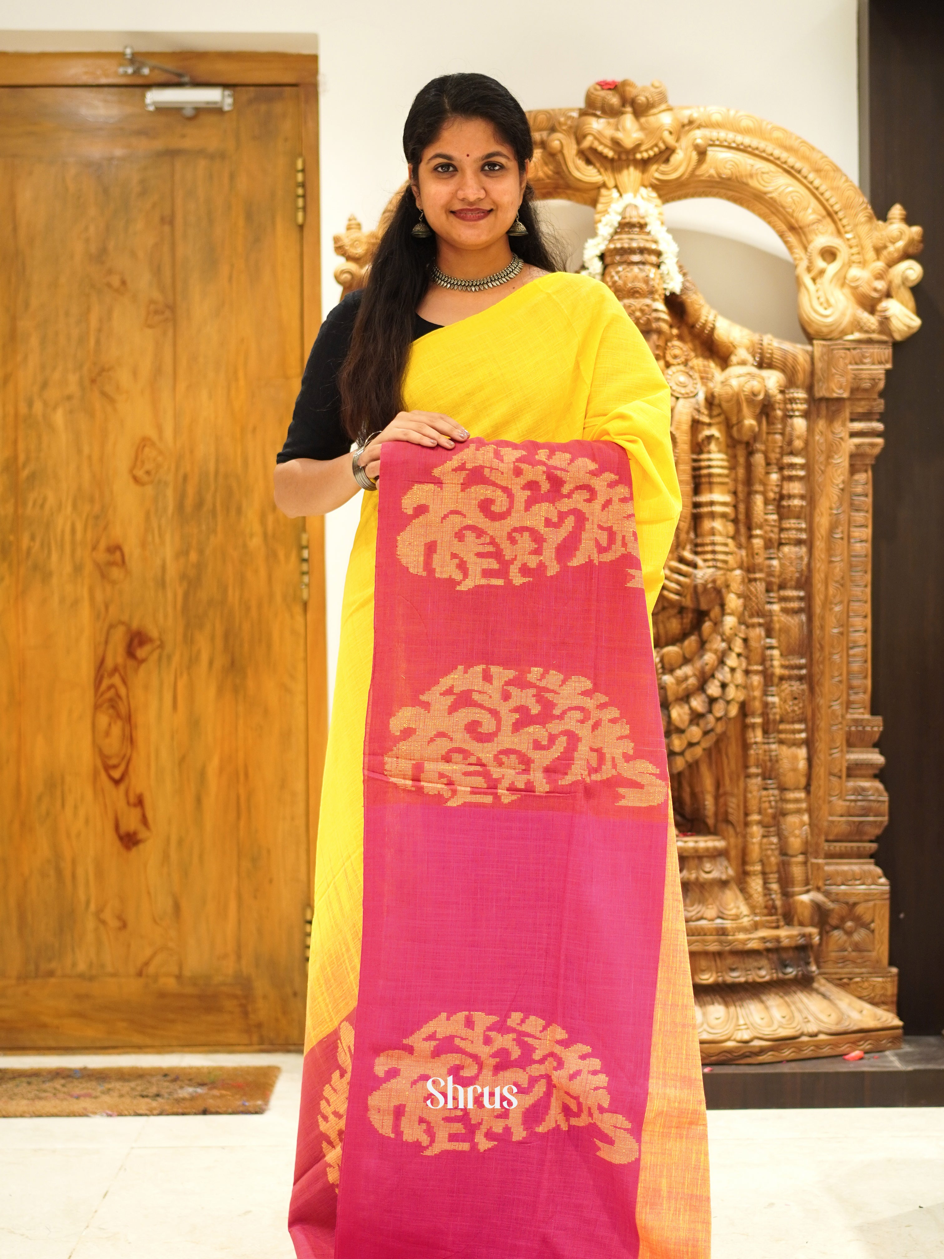 Yellow & Pink - Bengal cotton Saree - Shop on ShrusEternity.com