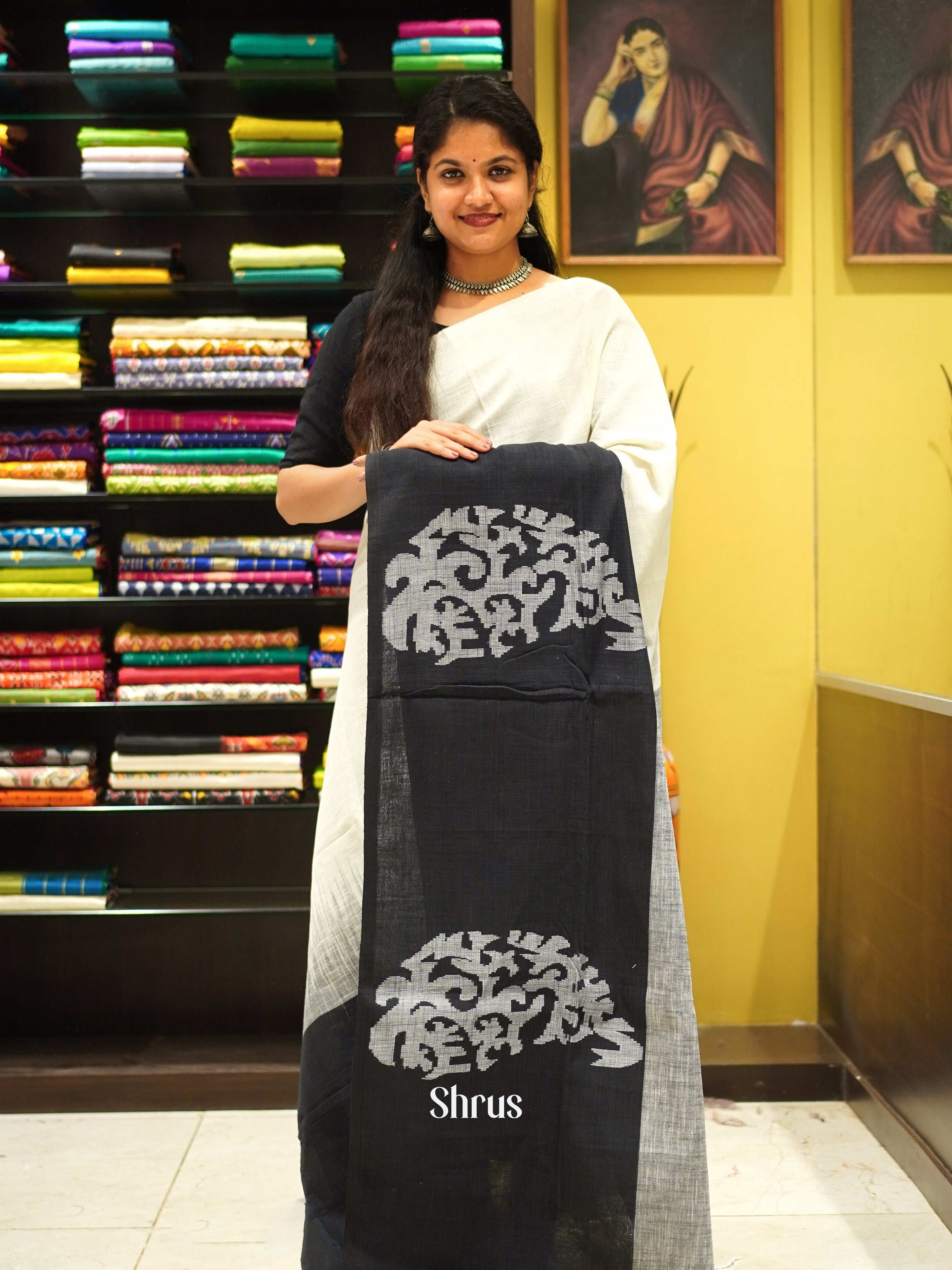 Cream & Grey - Bengal cotton Saree - Shop on ShrusEternity.com