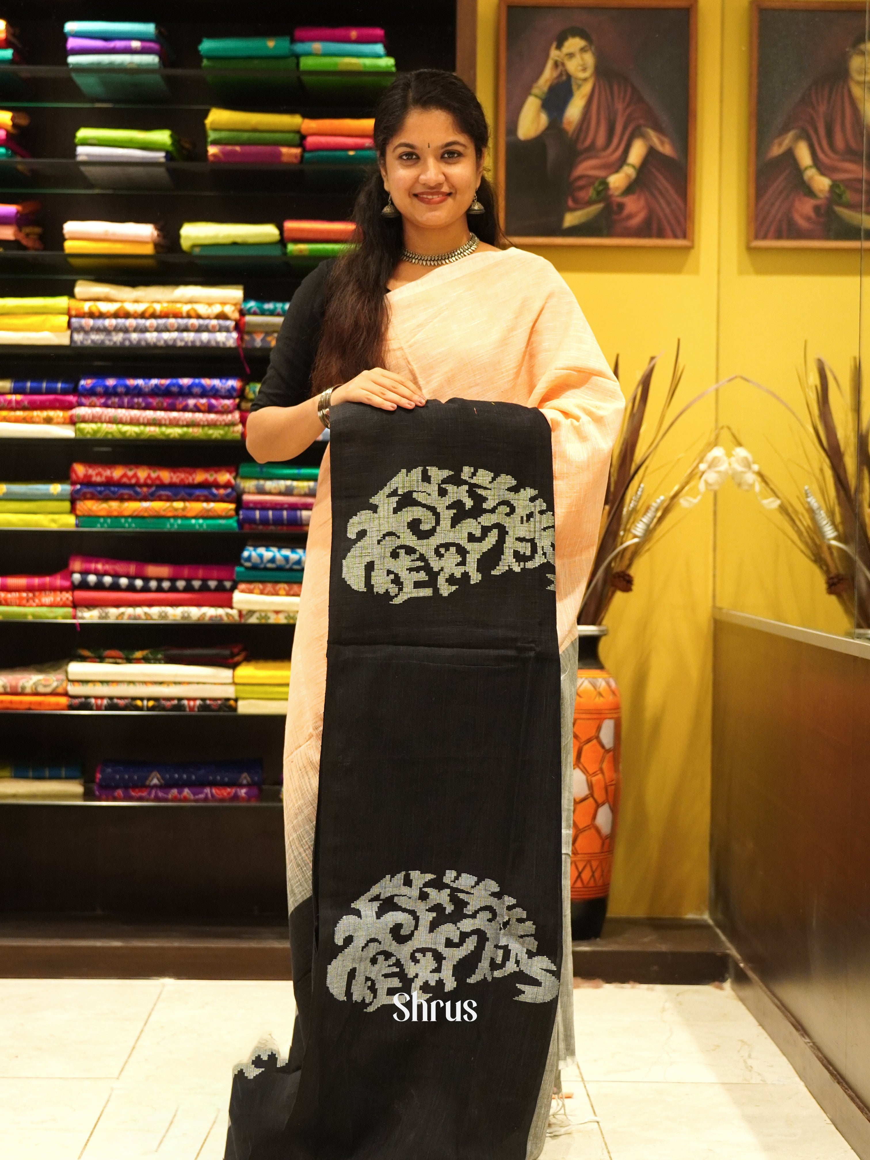 Peach & Black - Bengal cotton Saree - Shop on ShrusEternity.com