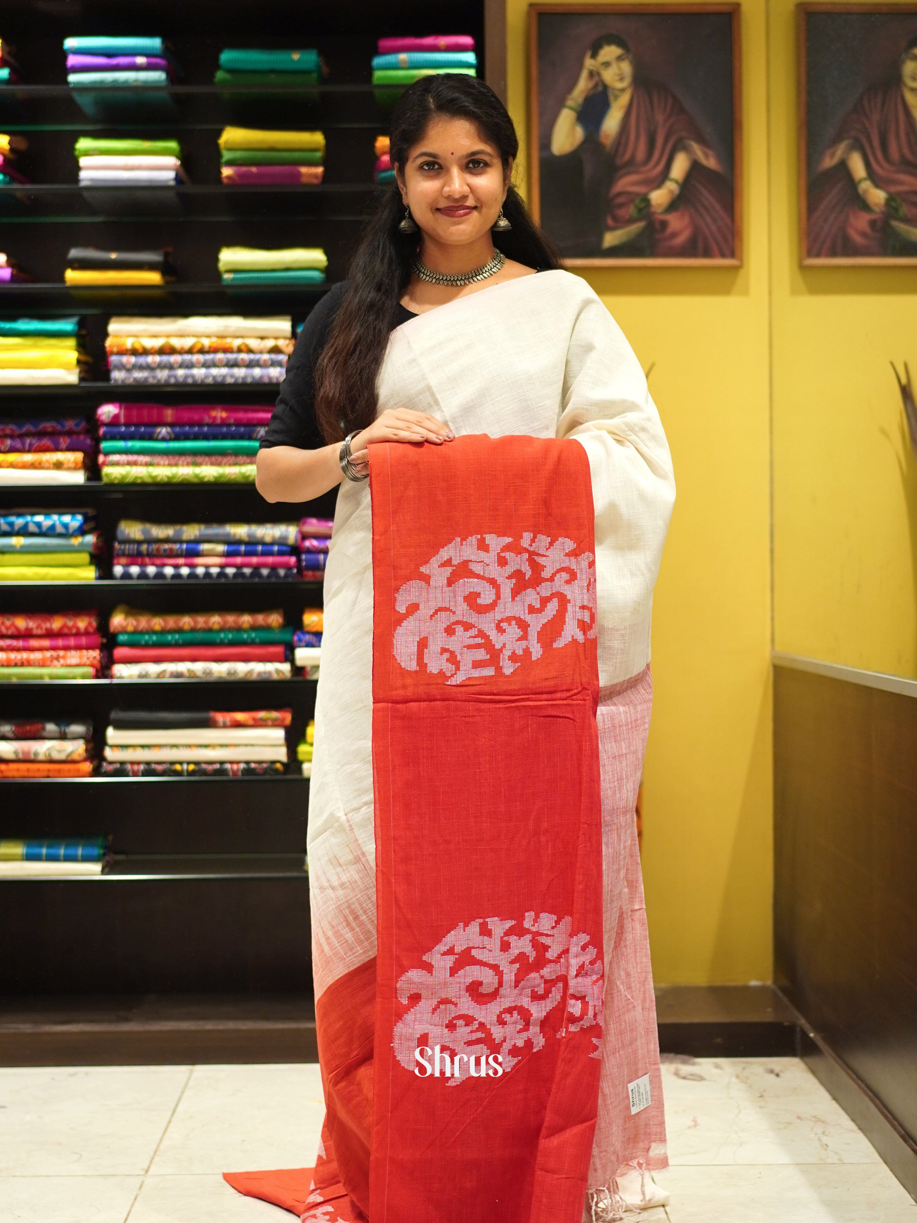 Cream & Red  - Bengal cotton Saree - Shop on ShrusEternity.com