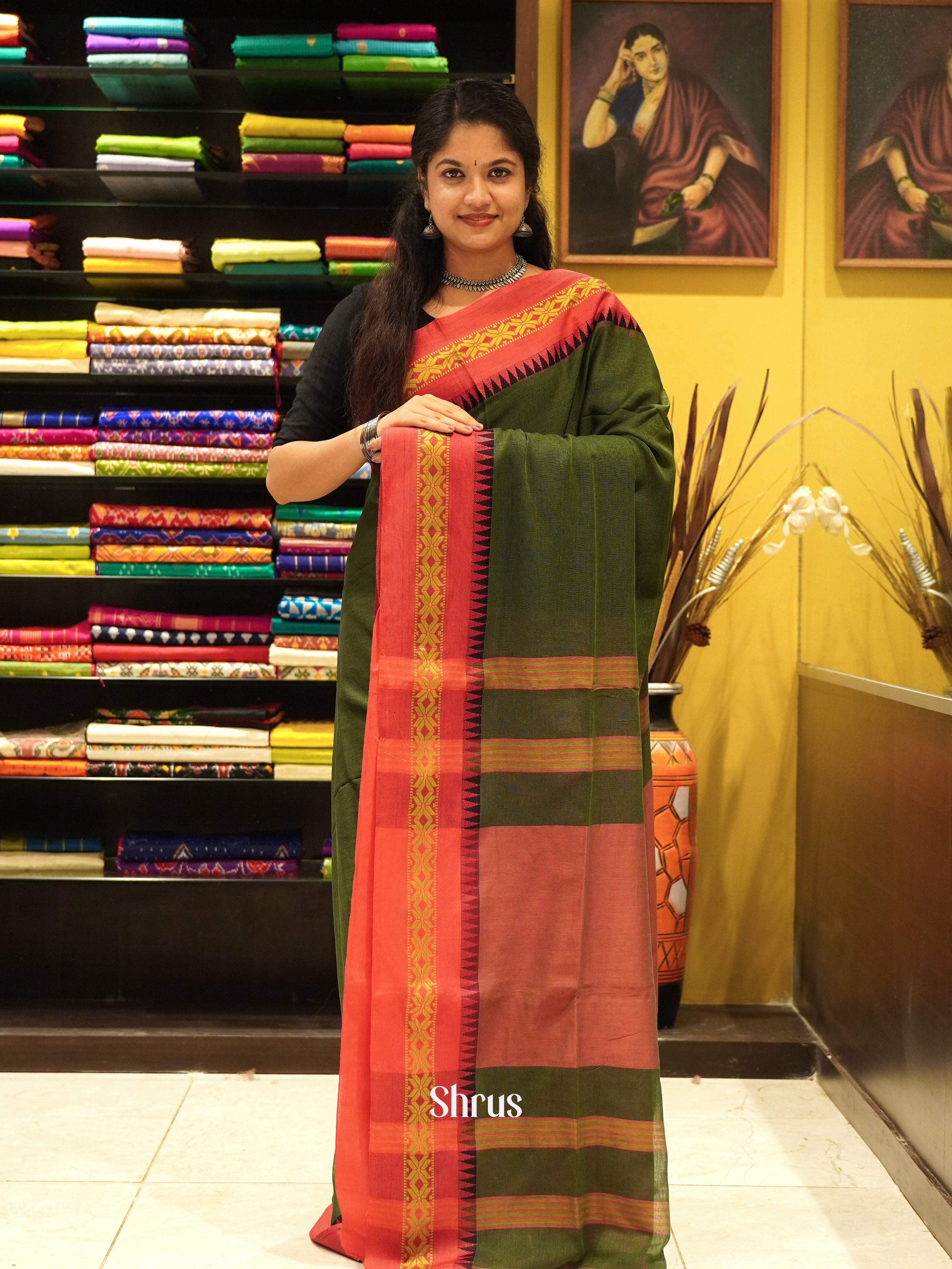 Green & Orange - Bengal cotton Saree - Shop on ShrusEternity.com