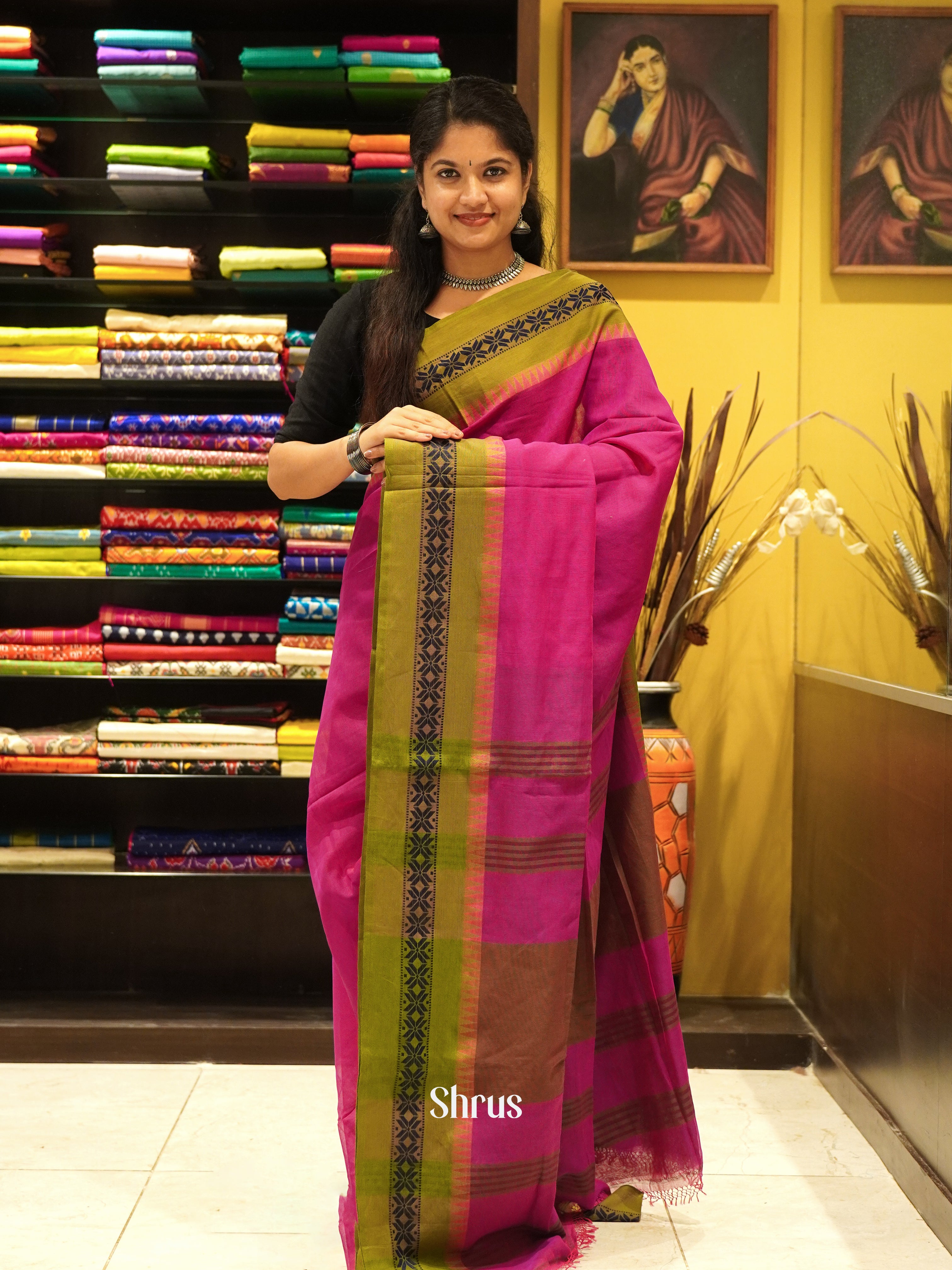 Pink & Green - Bengal cotton Saree - Shop on ShrusEternity.com