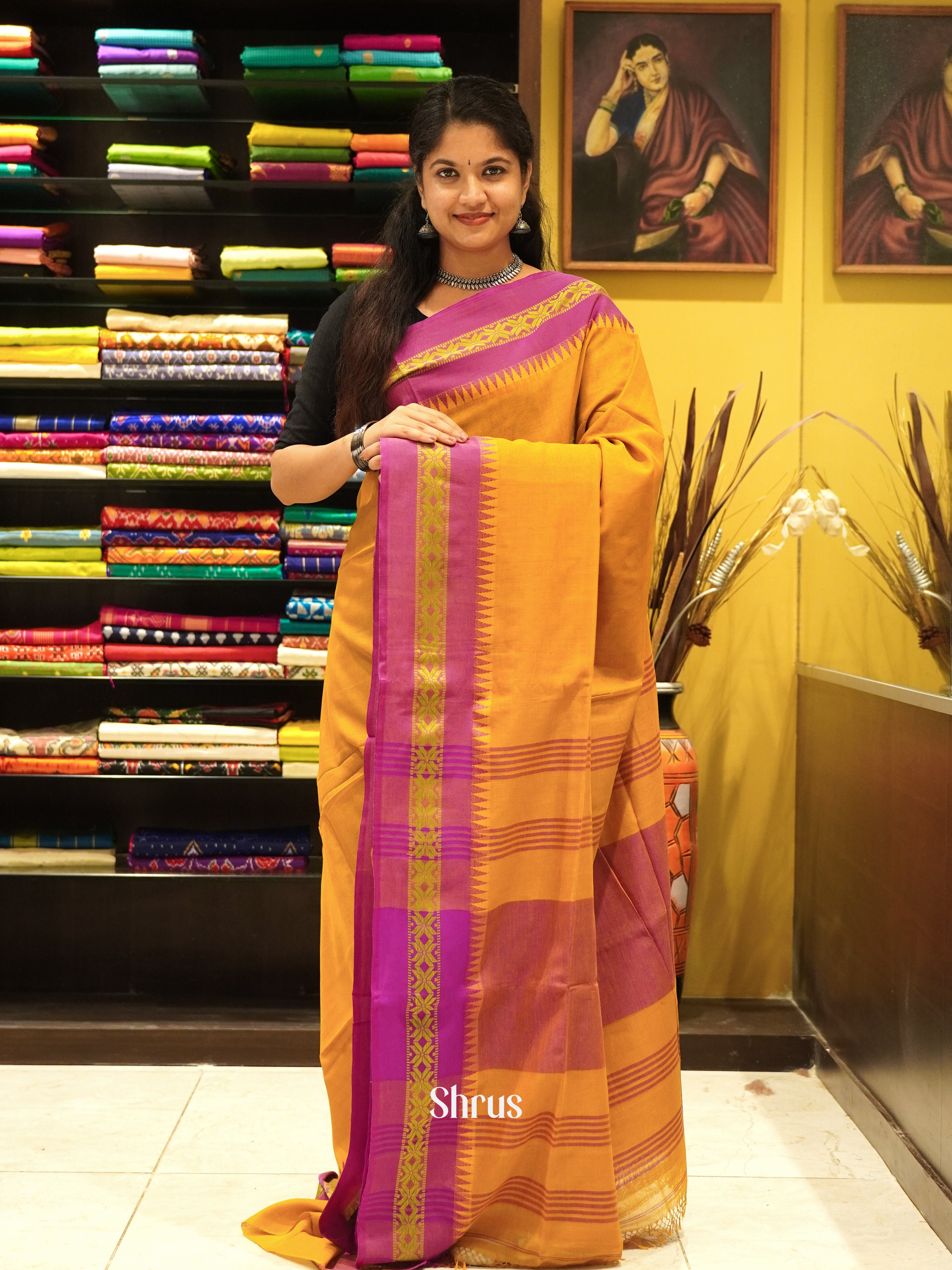 Mustard & Pink - Bengal cotton Saree - Shop on ShrusEternity.com