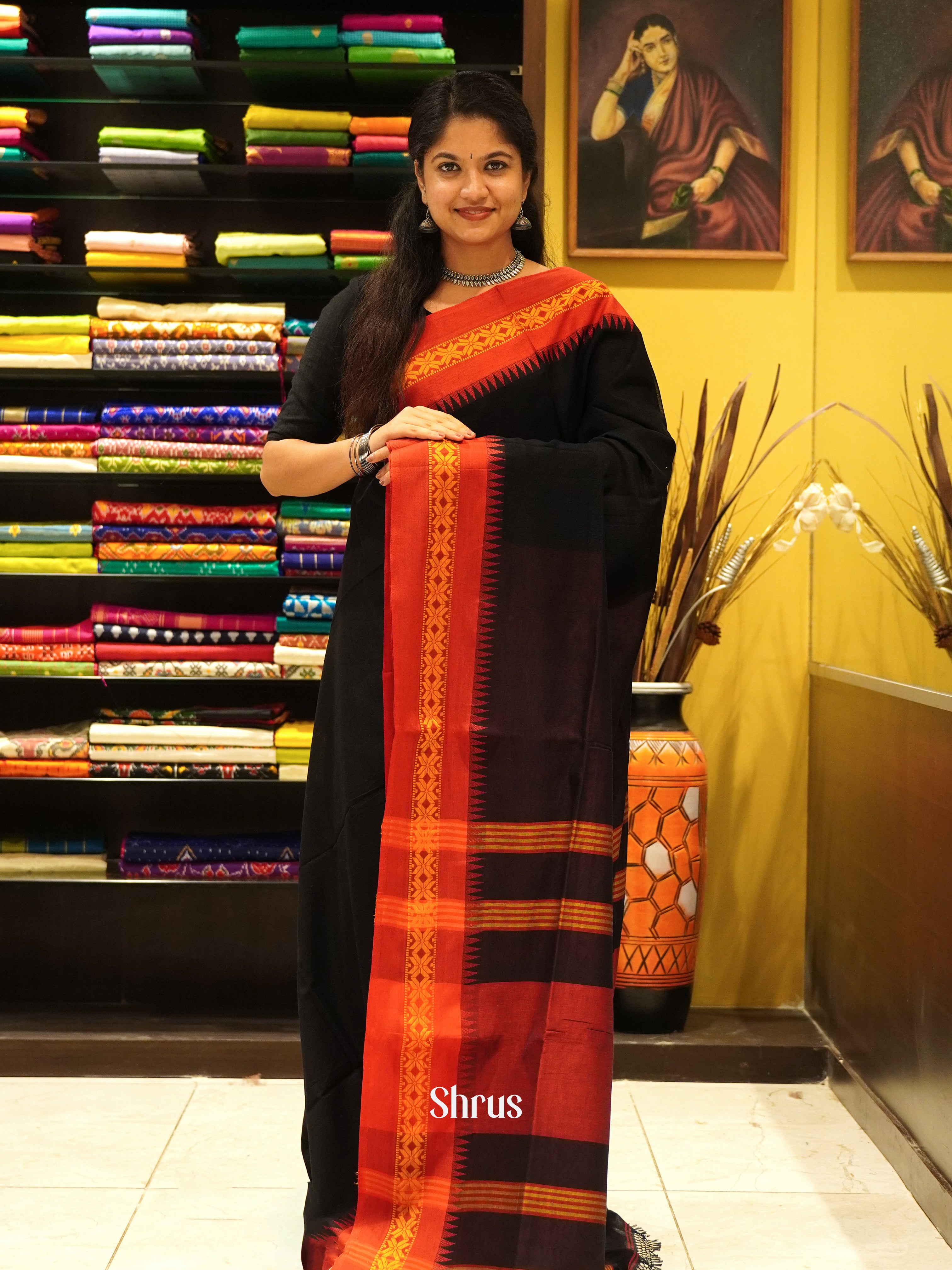 Black & Red- Bengal cotton Saree - Shop on ShrusEternity.com