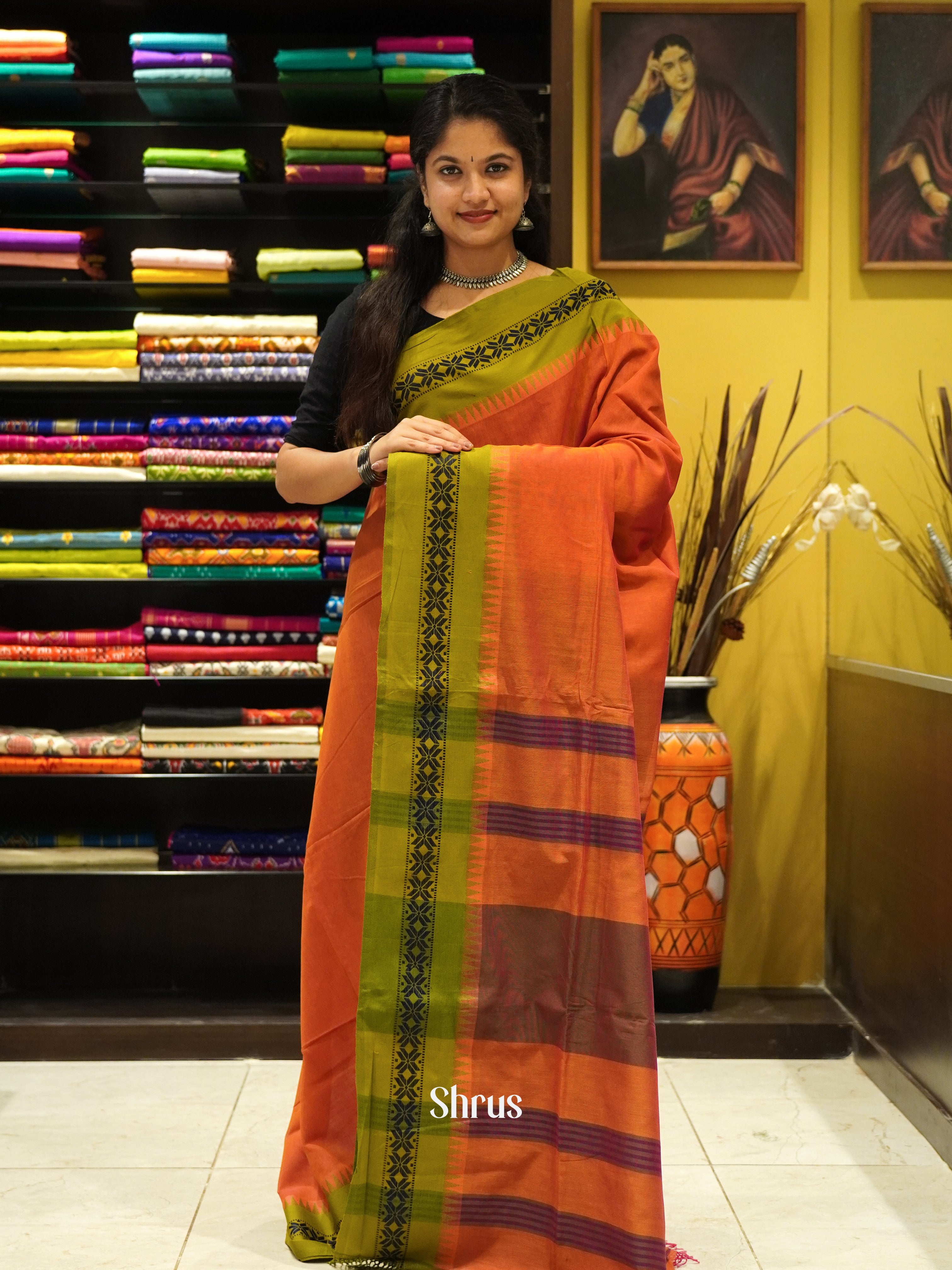 Orange & Green - Bengal cotton Saree - Shop on ShrusEternity.com