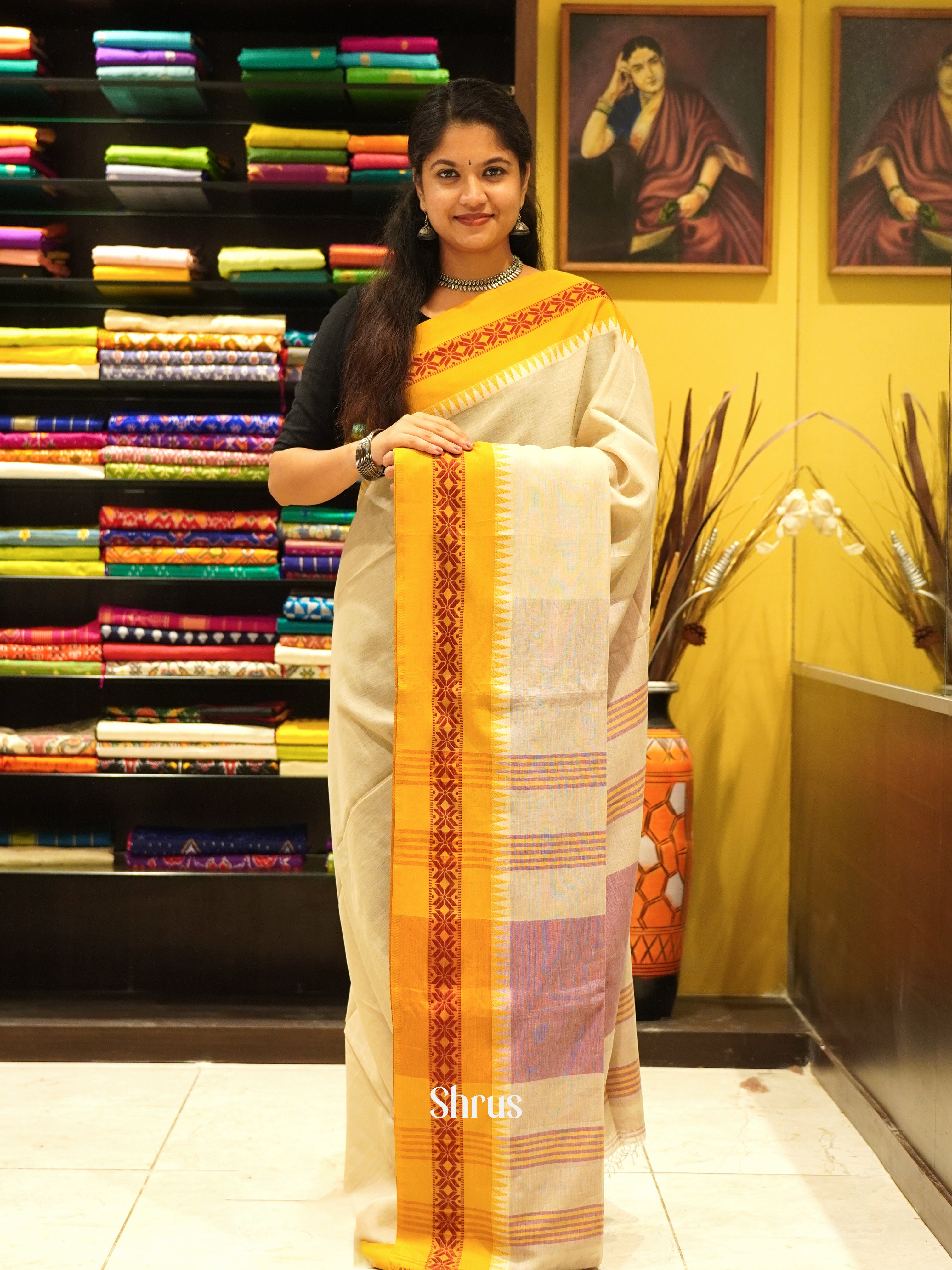 Grey & Yellow - Bengal cotton Saree - Shop on ShrusEternity.com