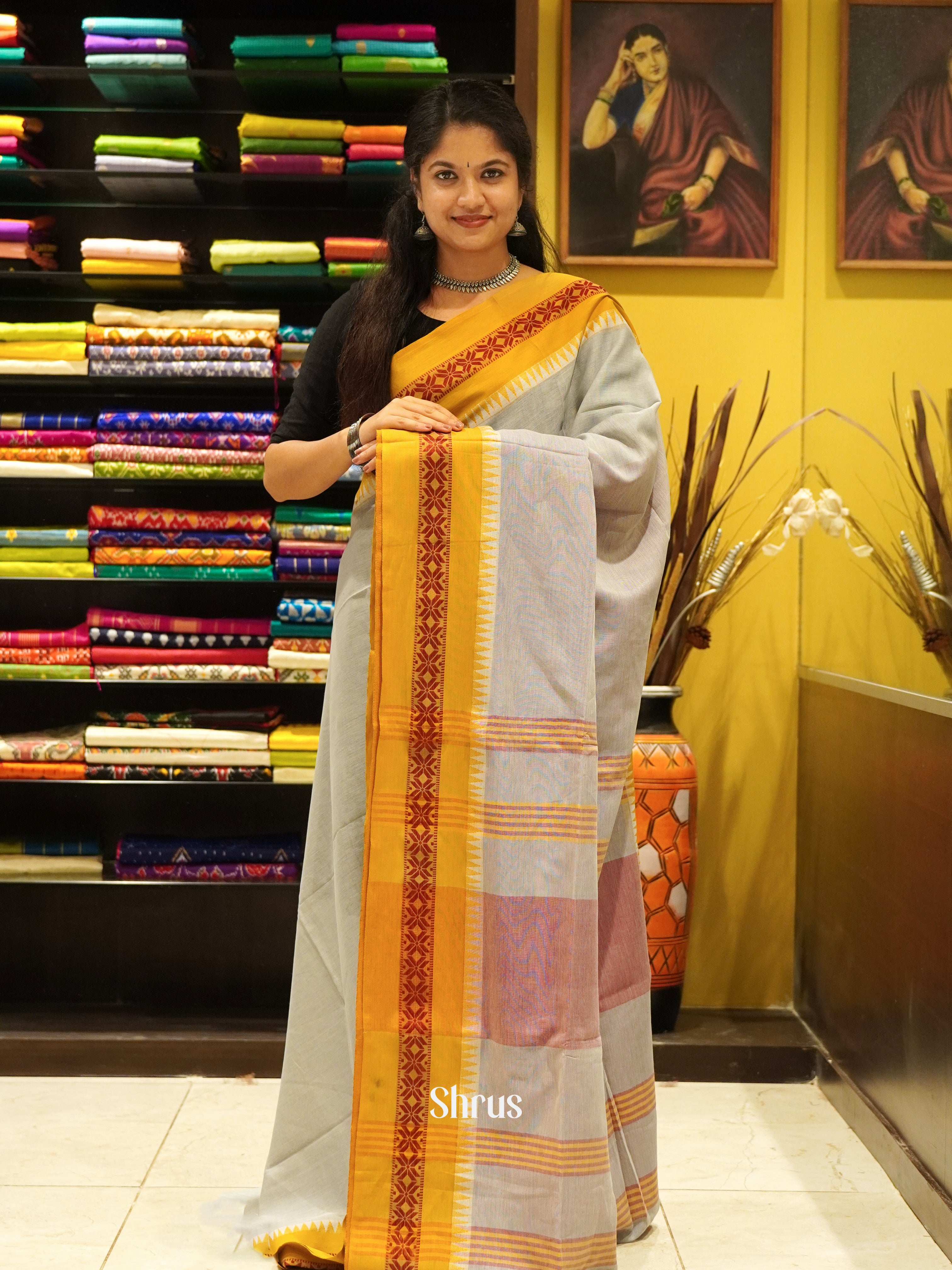 Grey & Yellow - Bengal cotton Saree - Shop on ShrusEternity.com