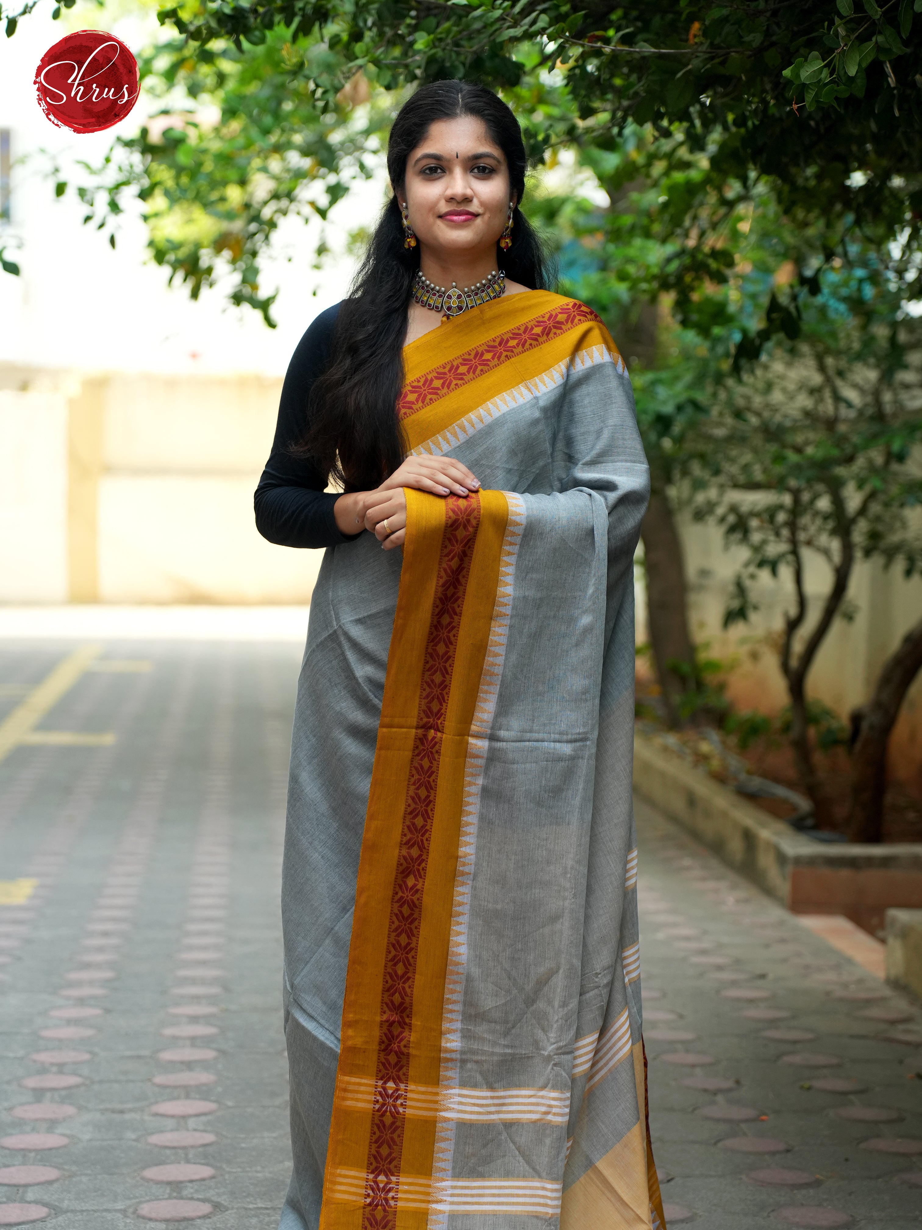 Grey & Mustard - Bengal cotton Saree - Shop on ShrusEternity.com