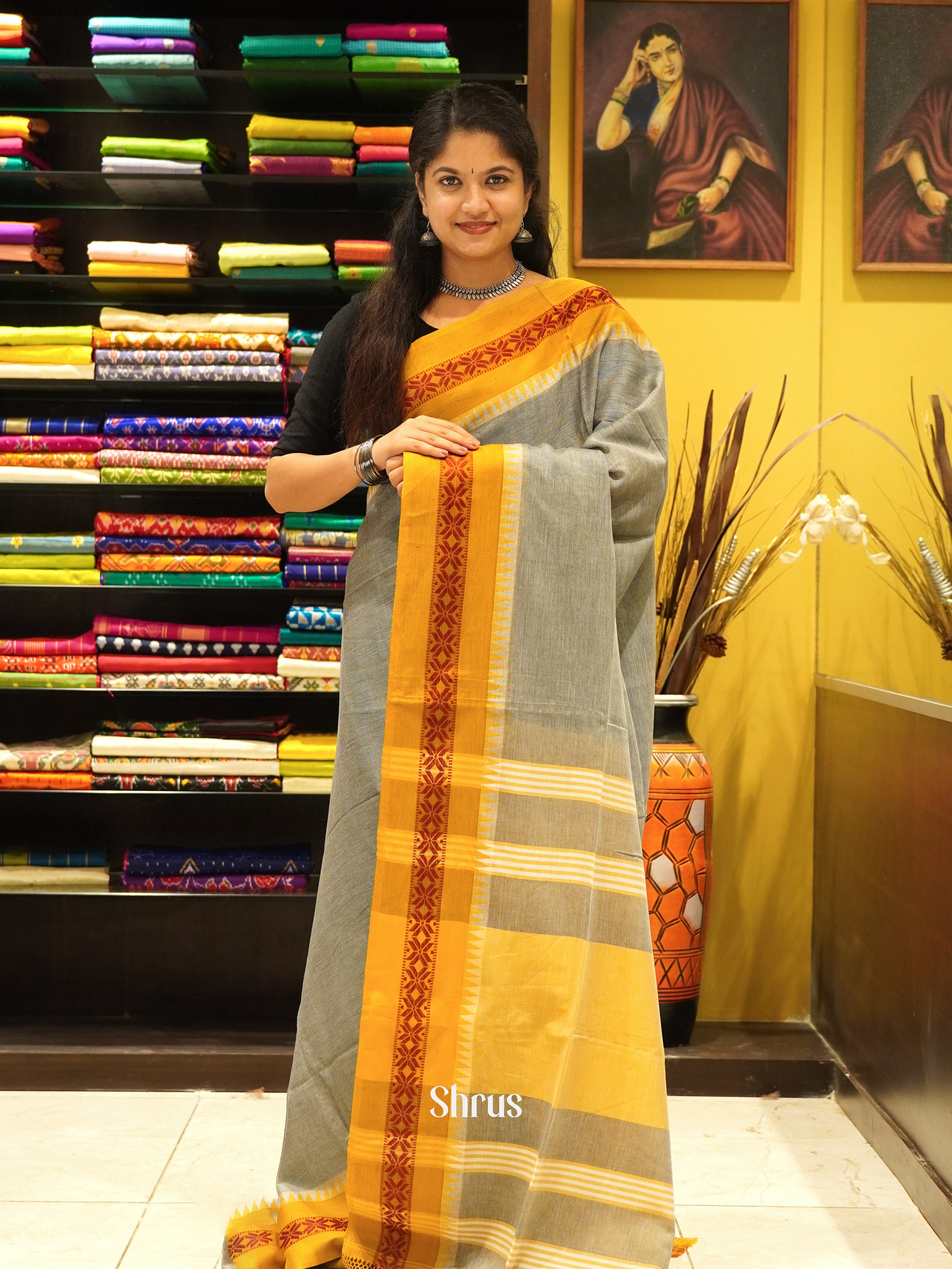 Grey & Yellow- Bengal cotton Saree - Shop on ShrusEternity.com