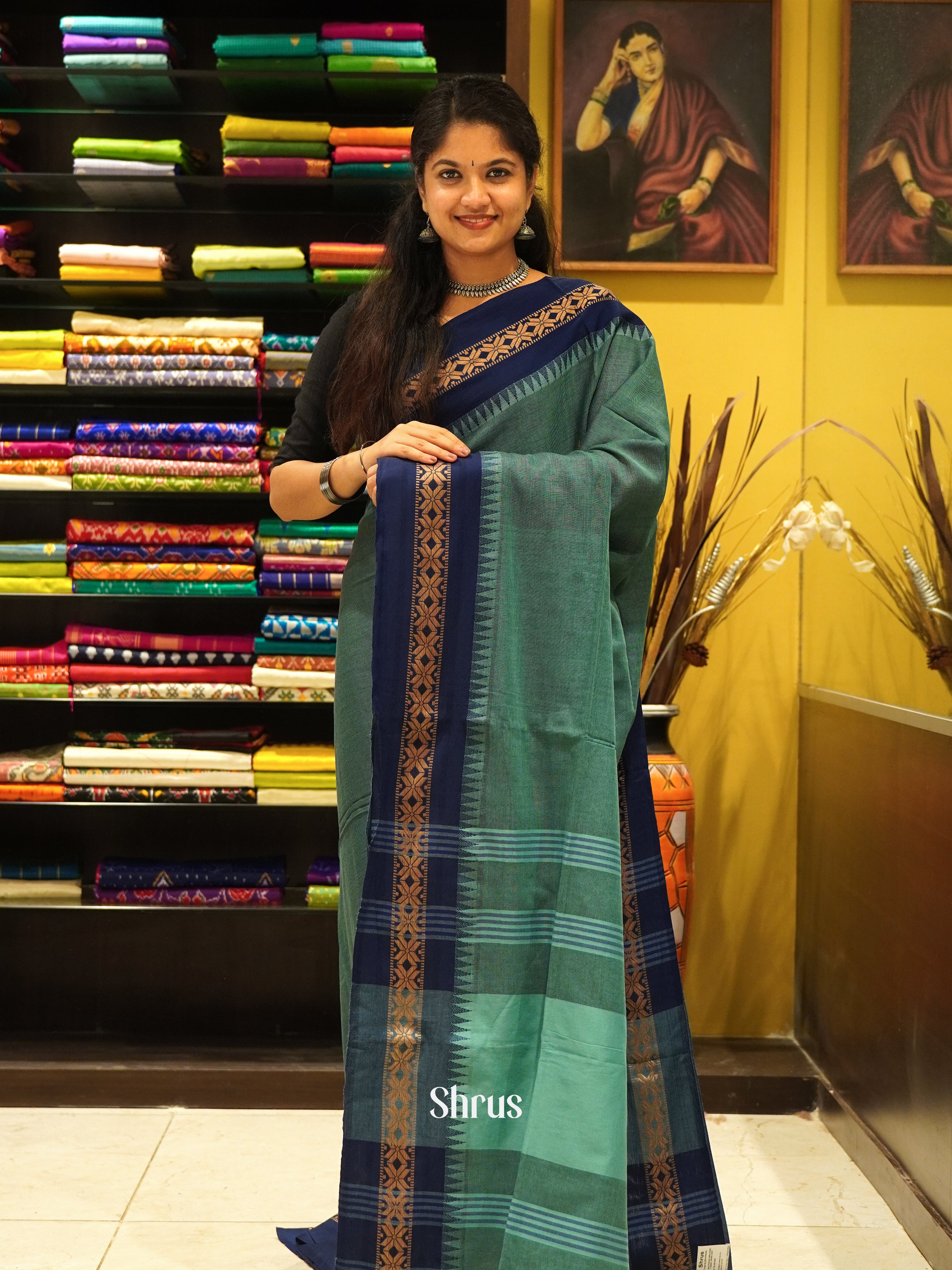 Green & Blue- Bengal cotton Saree - Shop on ShrusEternity.com