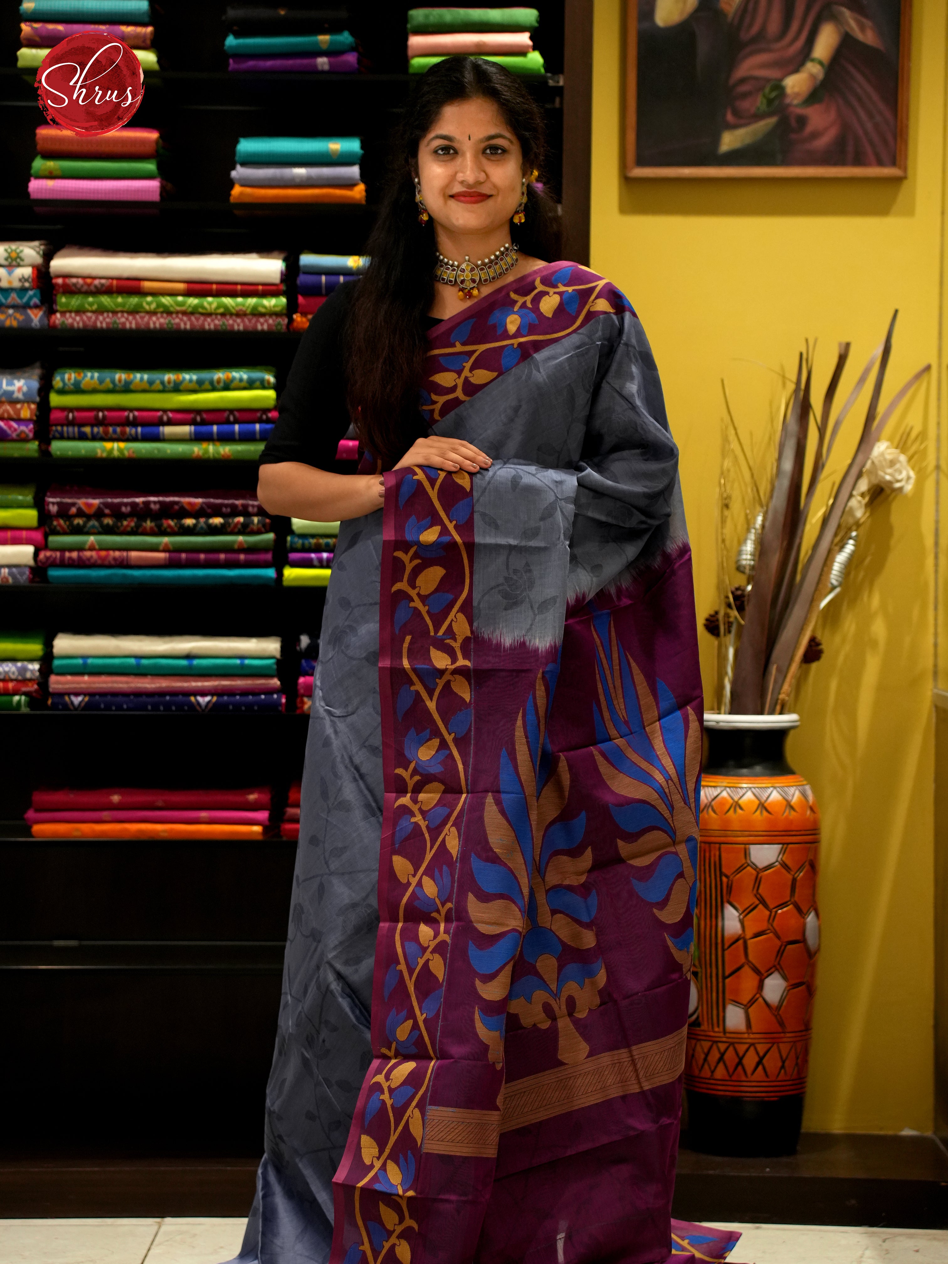 Grey & Wine - Mercerized Cotton Saree - Shop on ShrusEternity.com