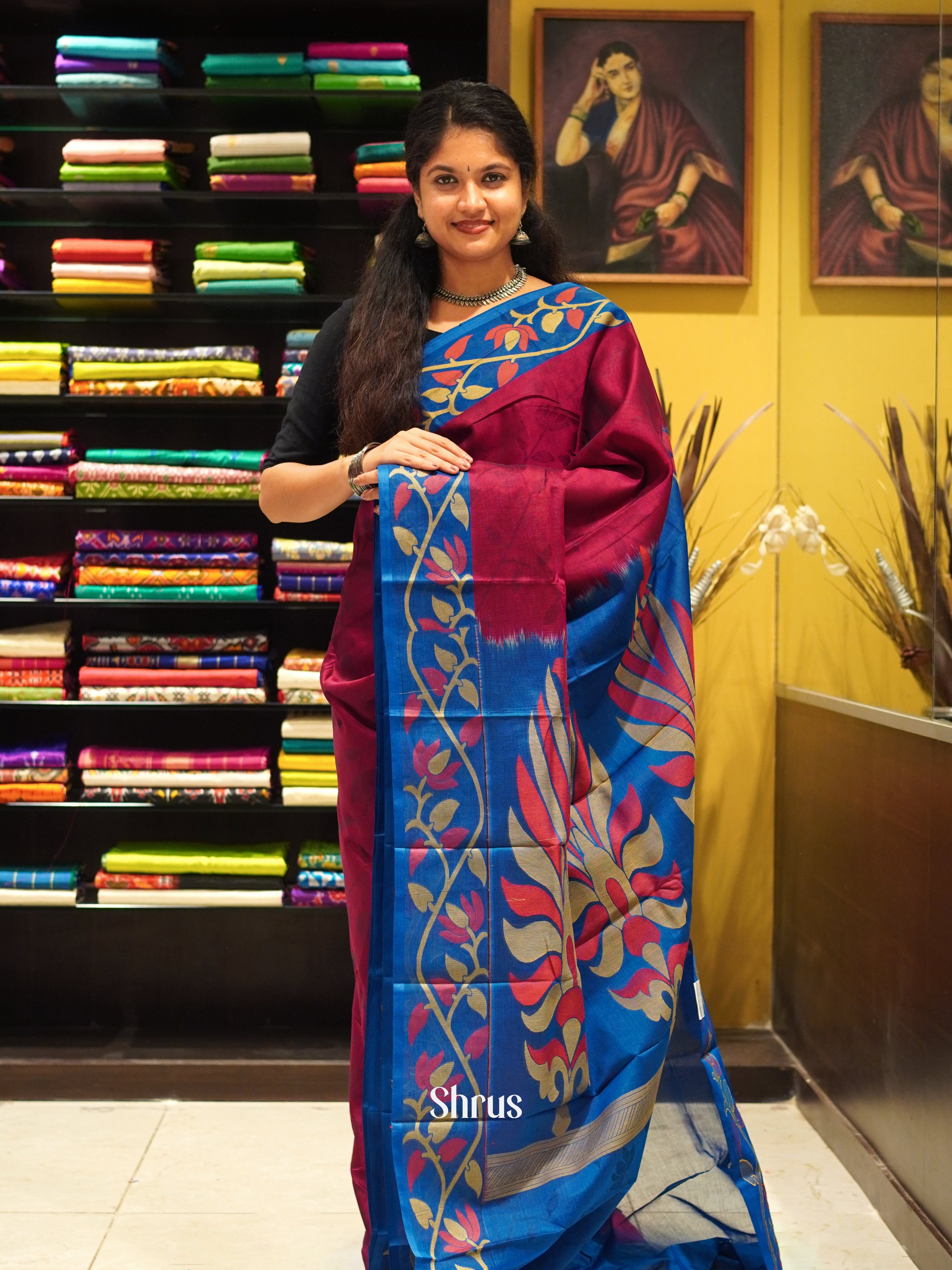 Maroon & Blue - Mercerized cotton Saree - Shop on ShrusEternity.com