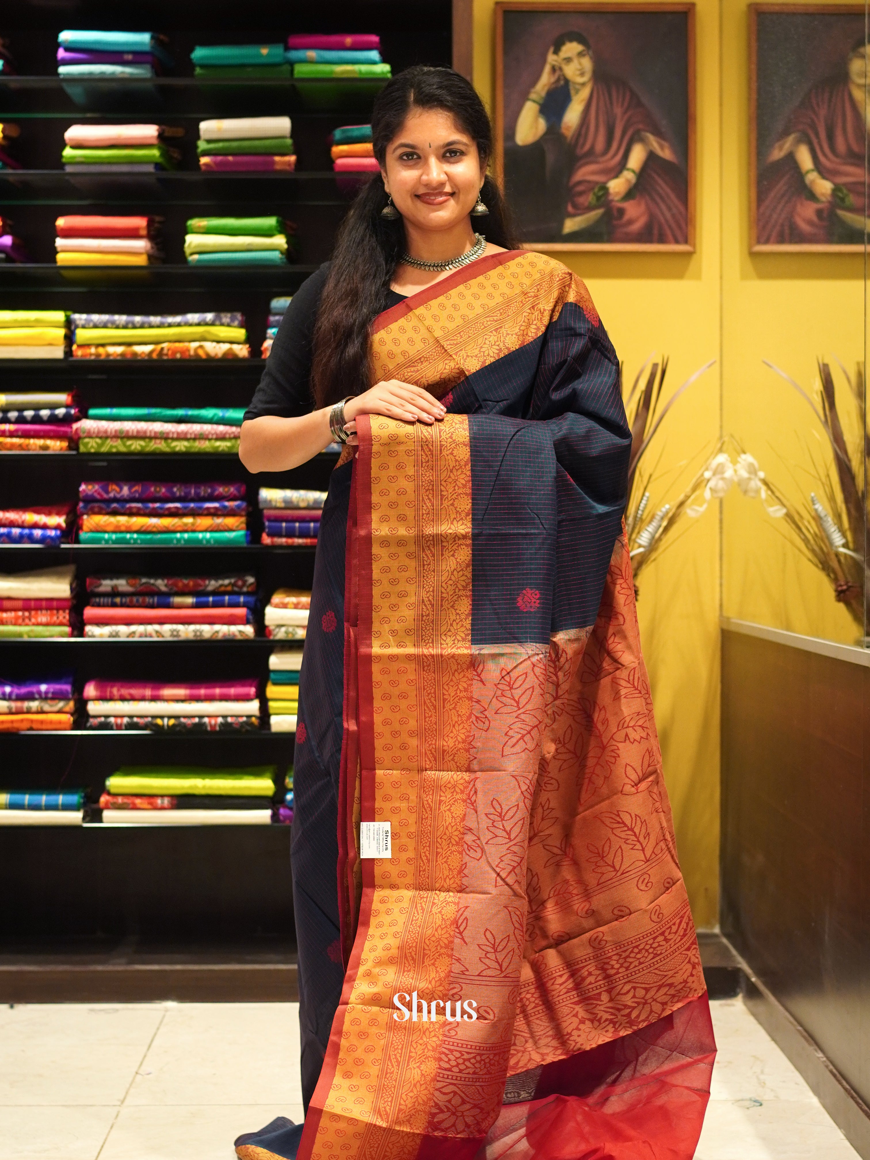 Blue & Red - Mercerized cotton Saree - Shop on ShrusEternity.com