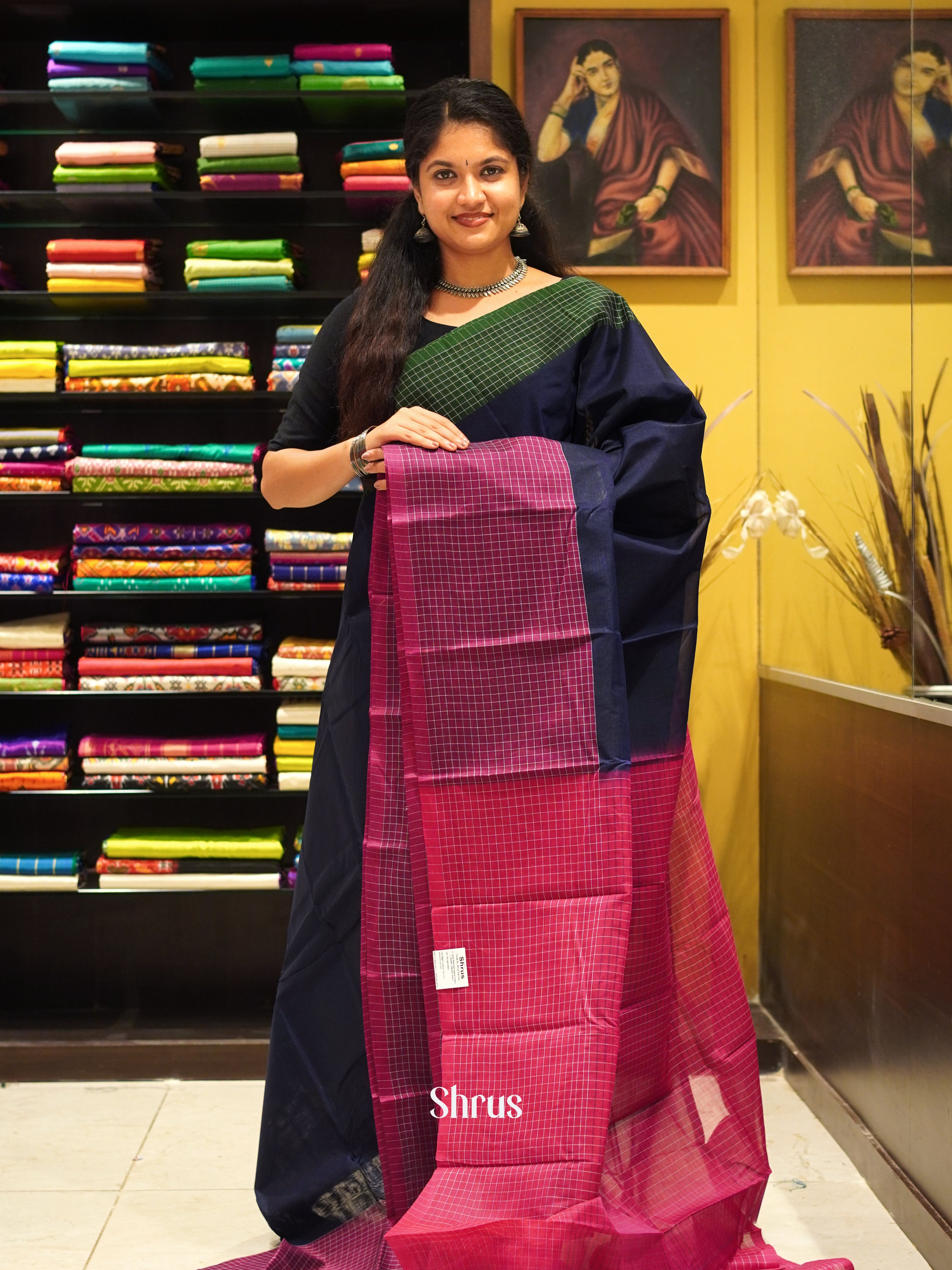 Blue & Pink - Mercerized cotton Saree - Shop on ShrusEternity.com