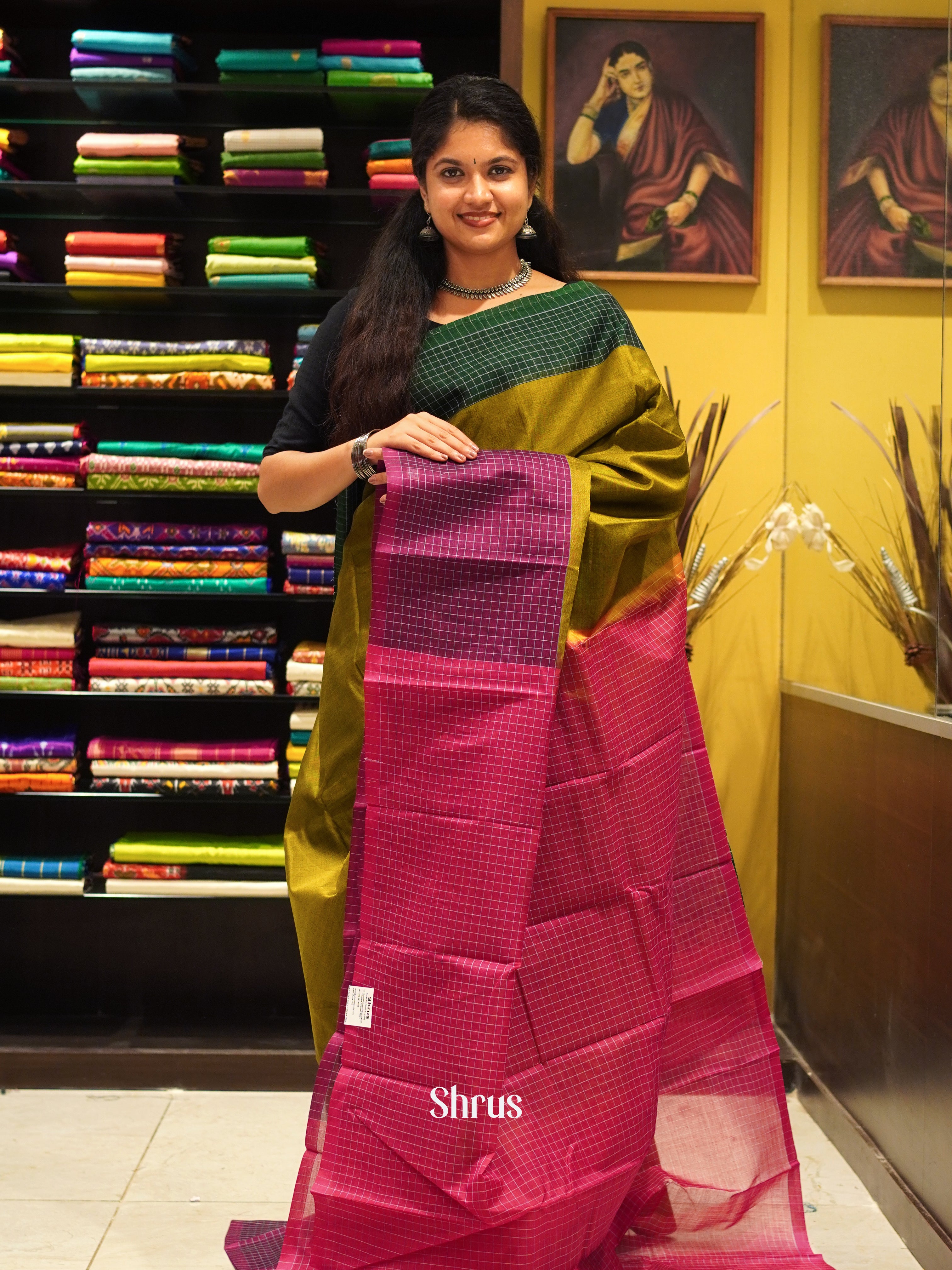 Green & Pink  - Mercerized cotton Saree - Shop on ShrusEternity.com