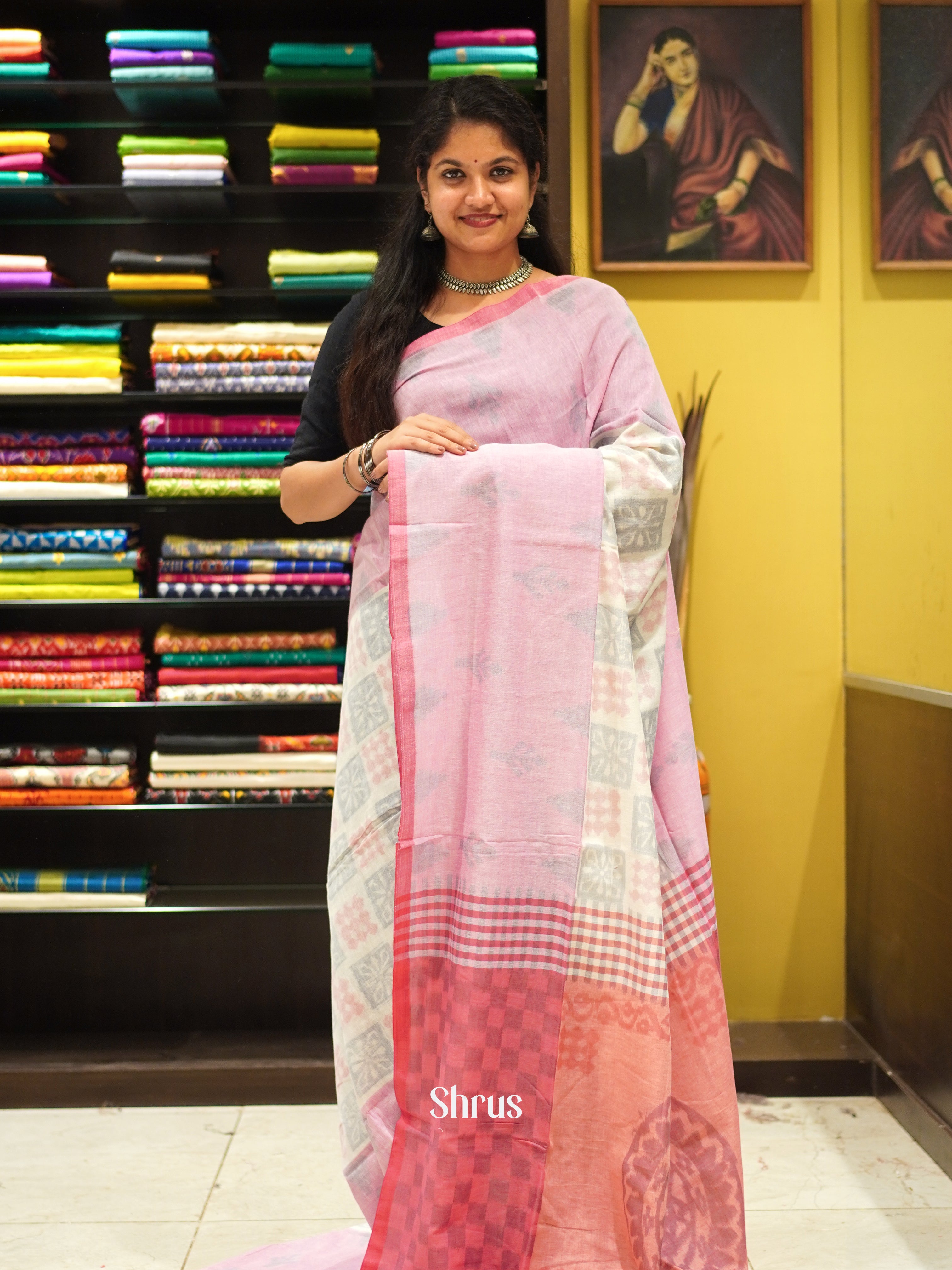 Cream & Pink - Bengal cotton Saree - Shop on ShrusEternity.com