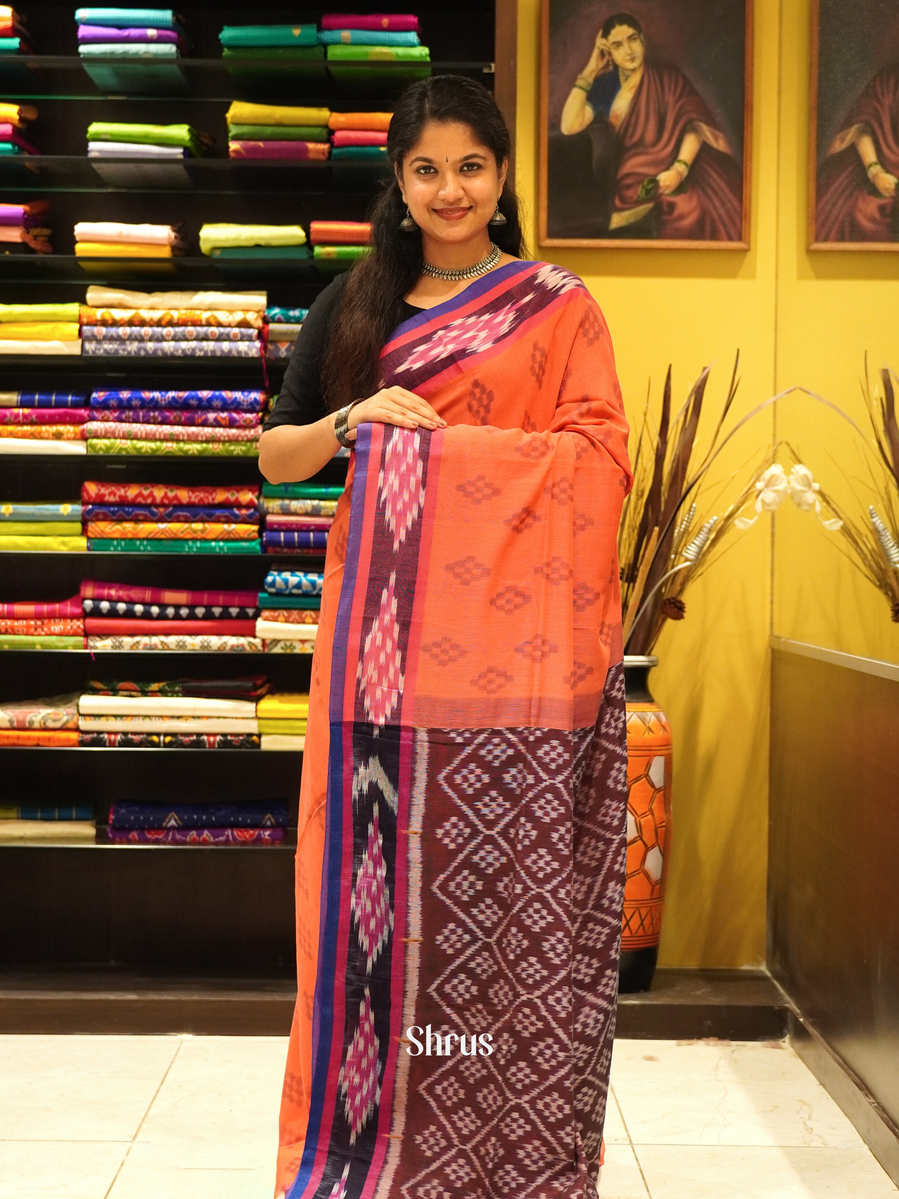 Orange & Brown - Bengal cotton Saree - Shop on ShrusEternity.com