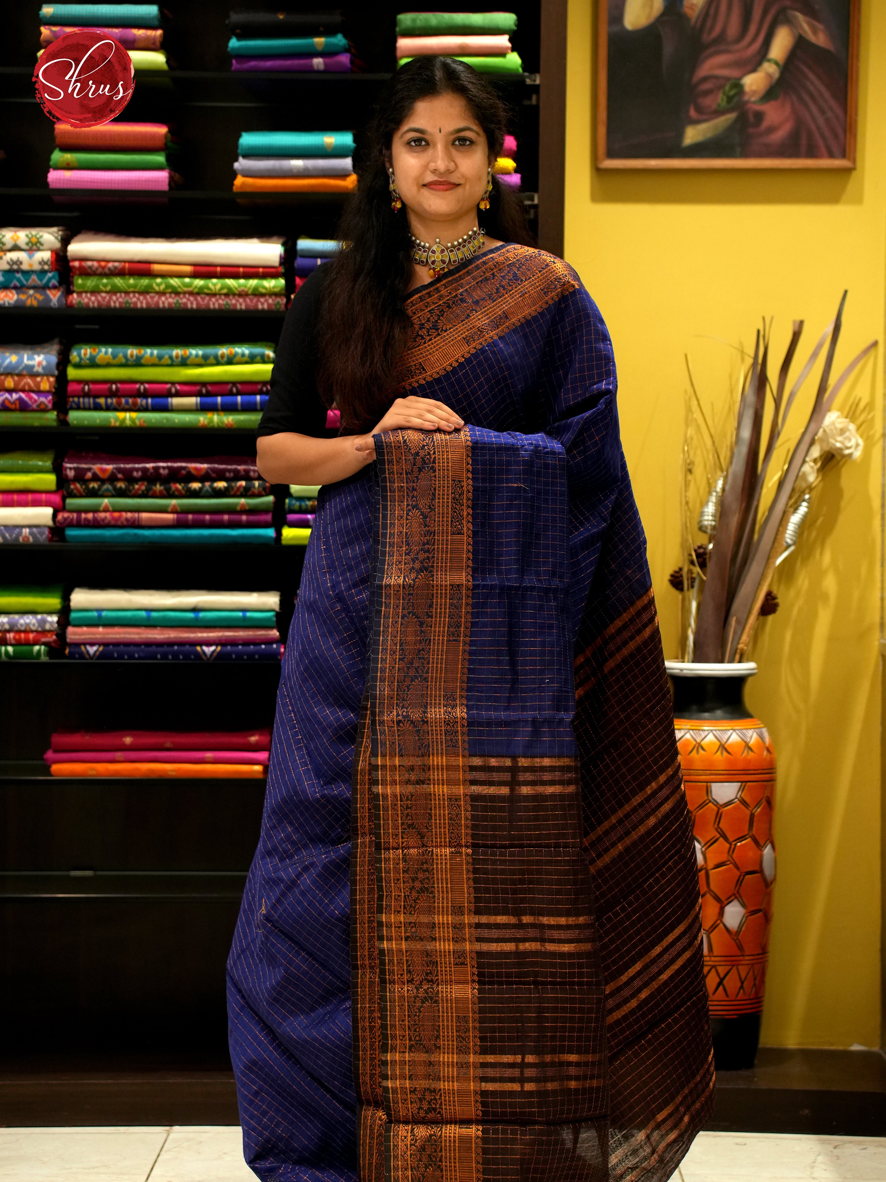 Blue & Brown - Mercerized Cotton Saree - Shop on ShrusEternity.com