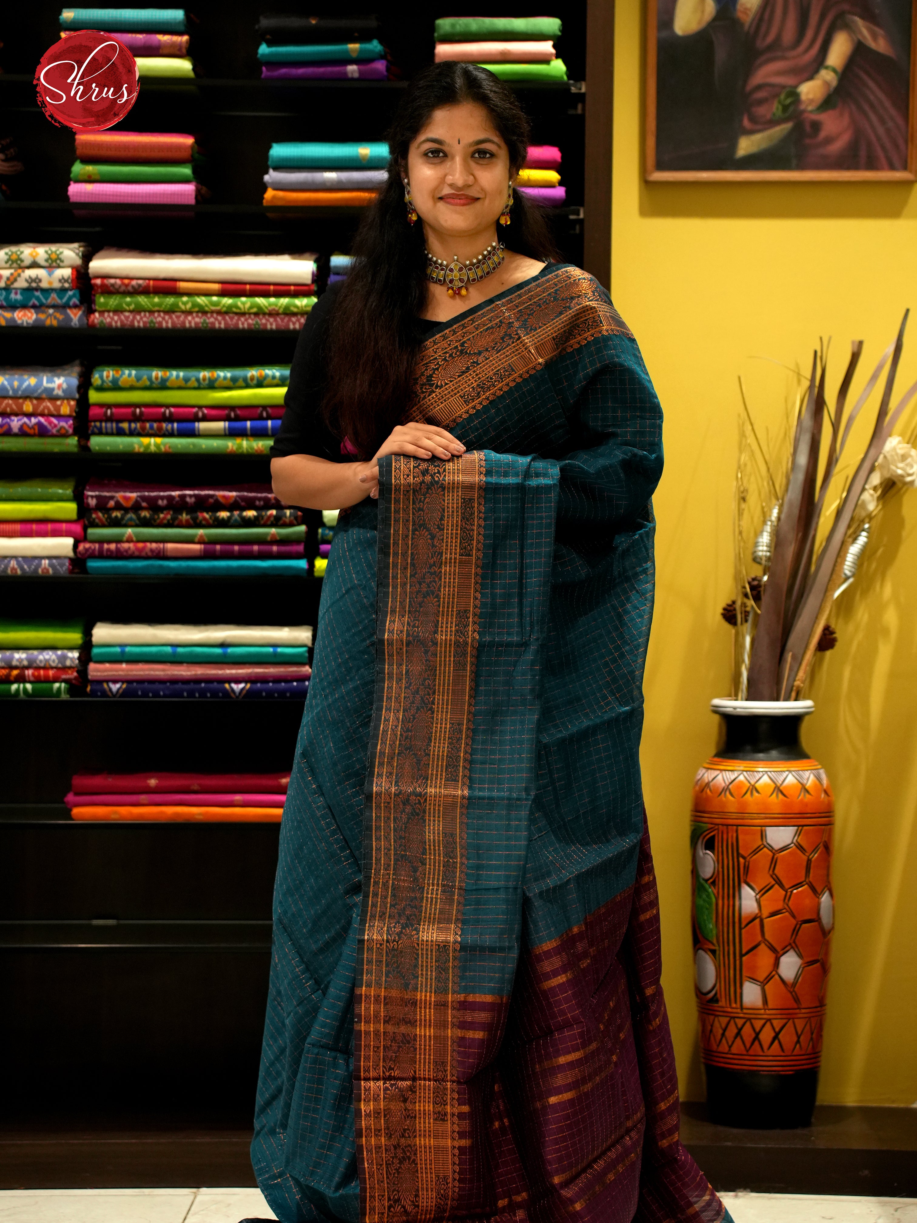 Blue & Maroon- Mercerized Cotton Saree - Shop on ShrusEternity.com