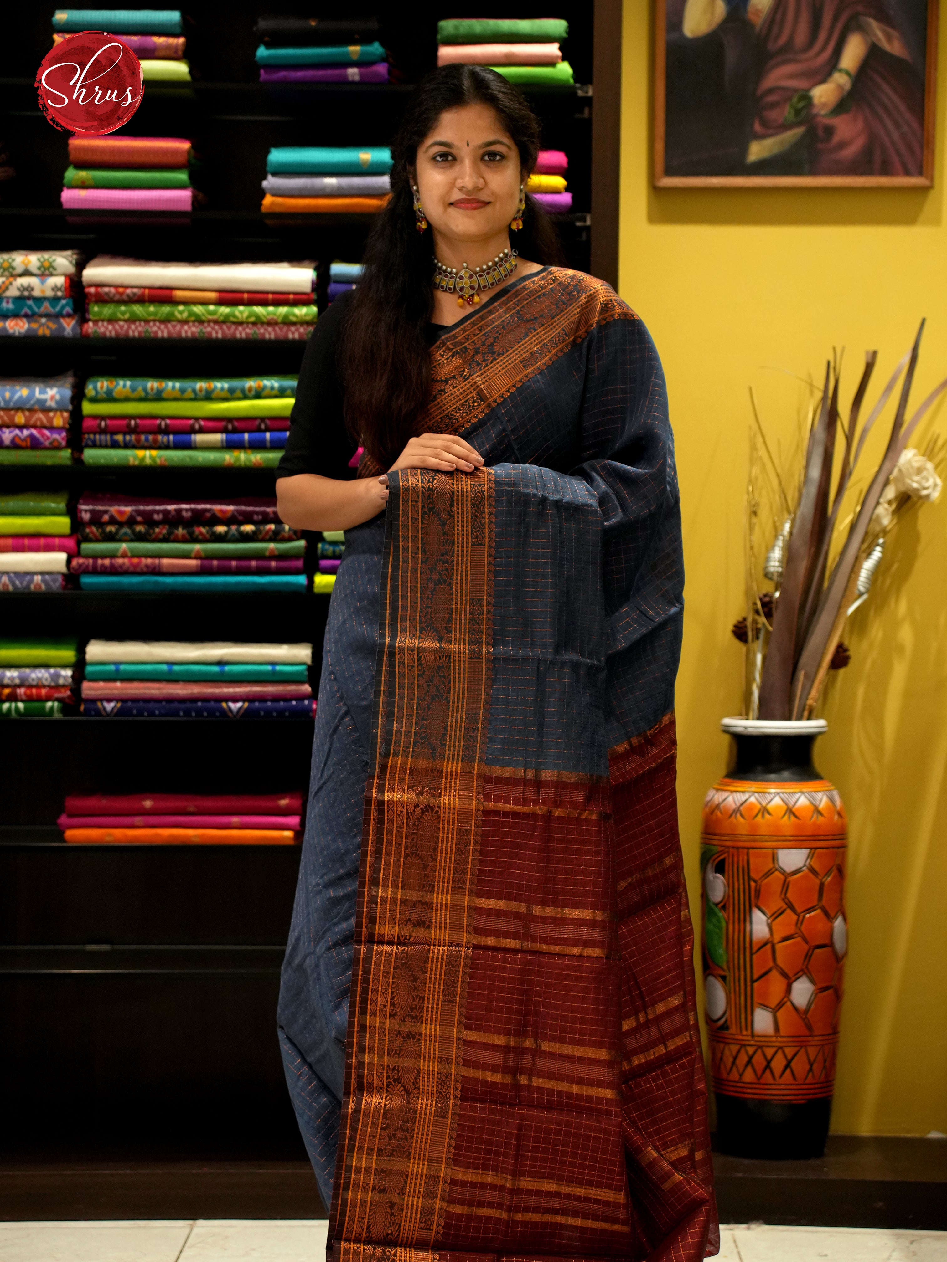 Black & Maroon - Mercerized Cotton Saree - Shop on ShrusEternity.com