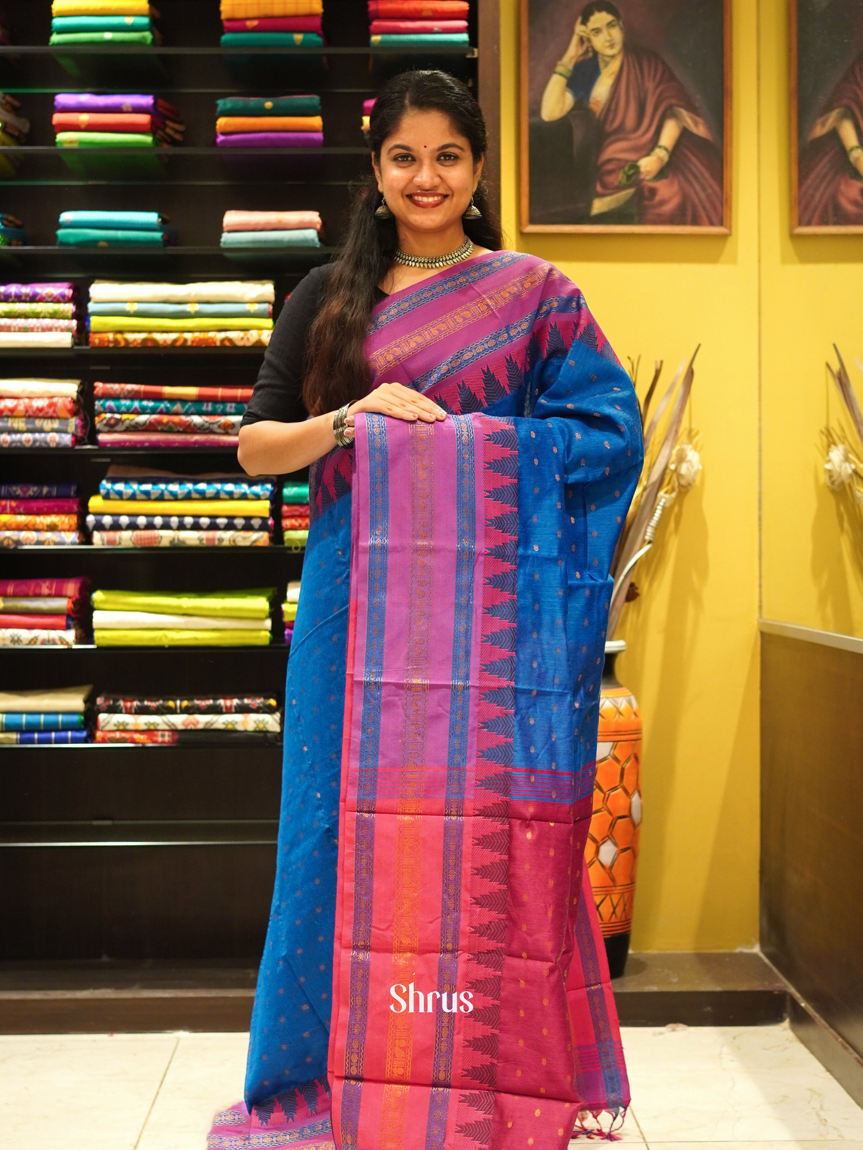 Blue & Pink - Mercerized Cotton Saree - Shop on ShrusEternity.com