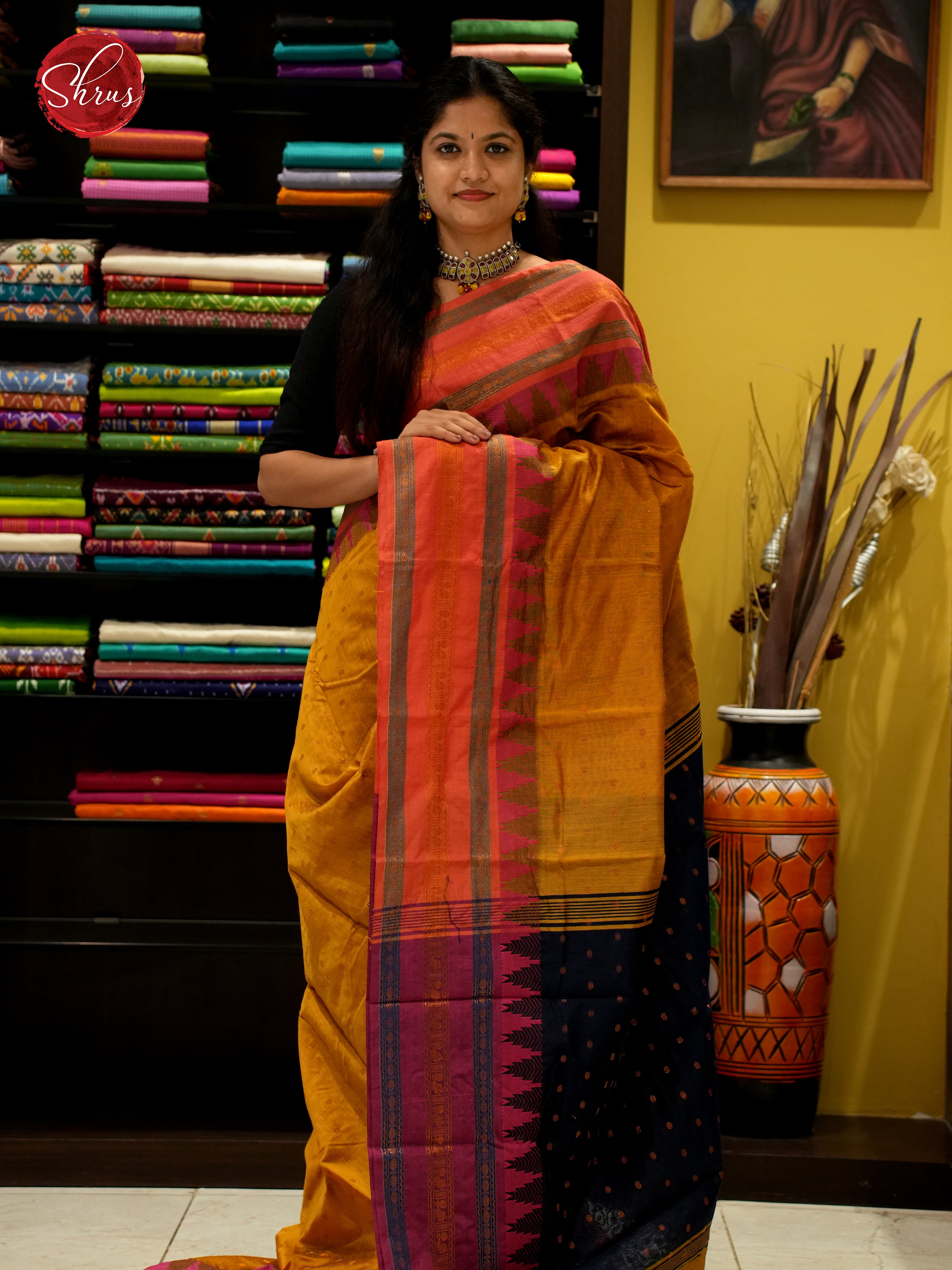 Mustard & Black - Mercerized Cotton Saree - Shop on ShrusEternity.com