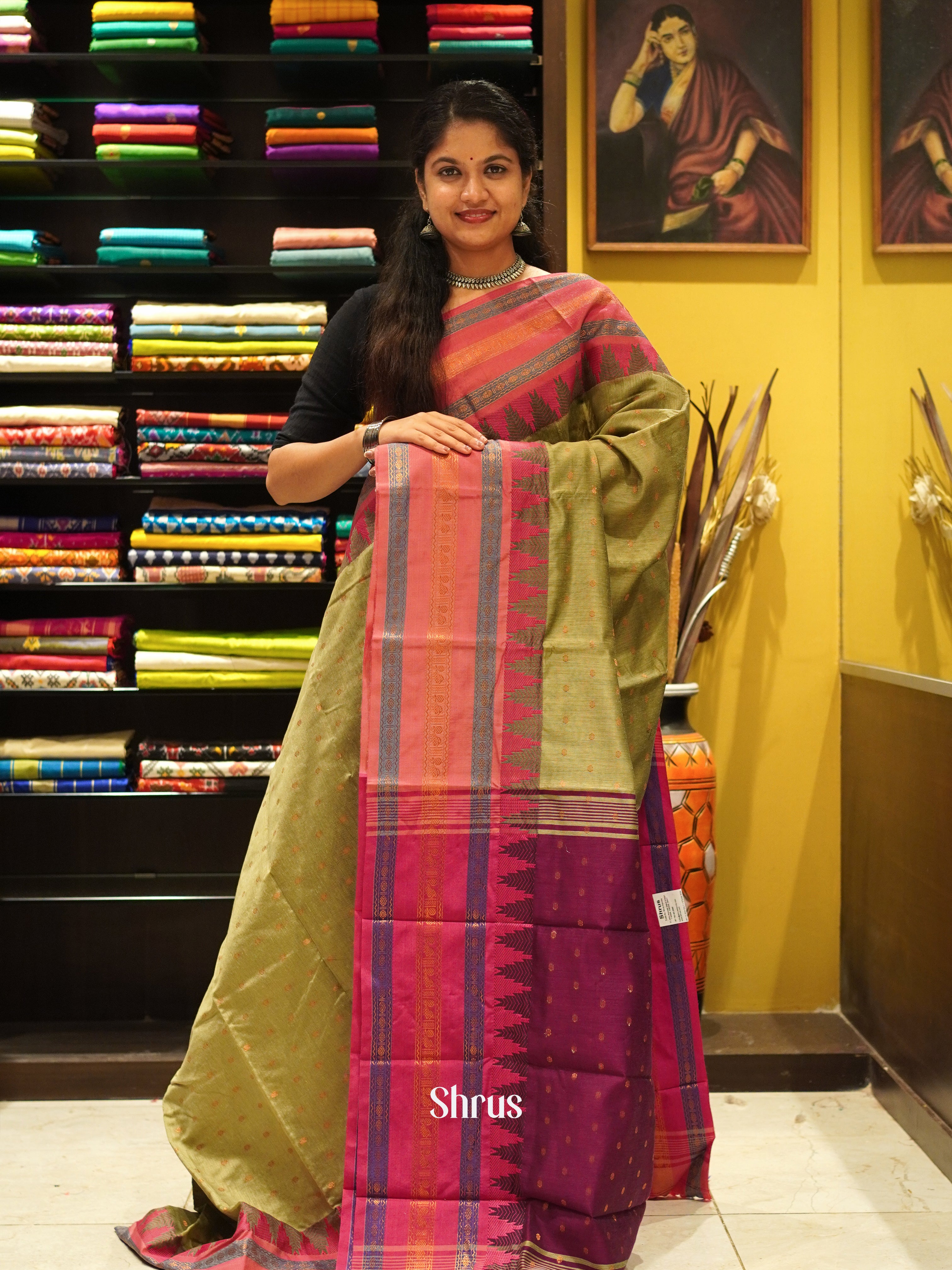 Green & Wine- Mercerized Cotton Saree - Shop on ShrusEternity.com