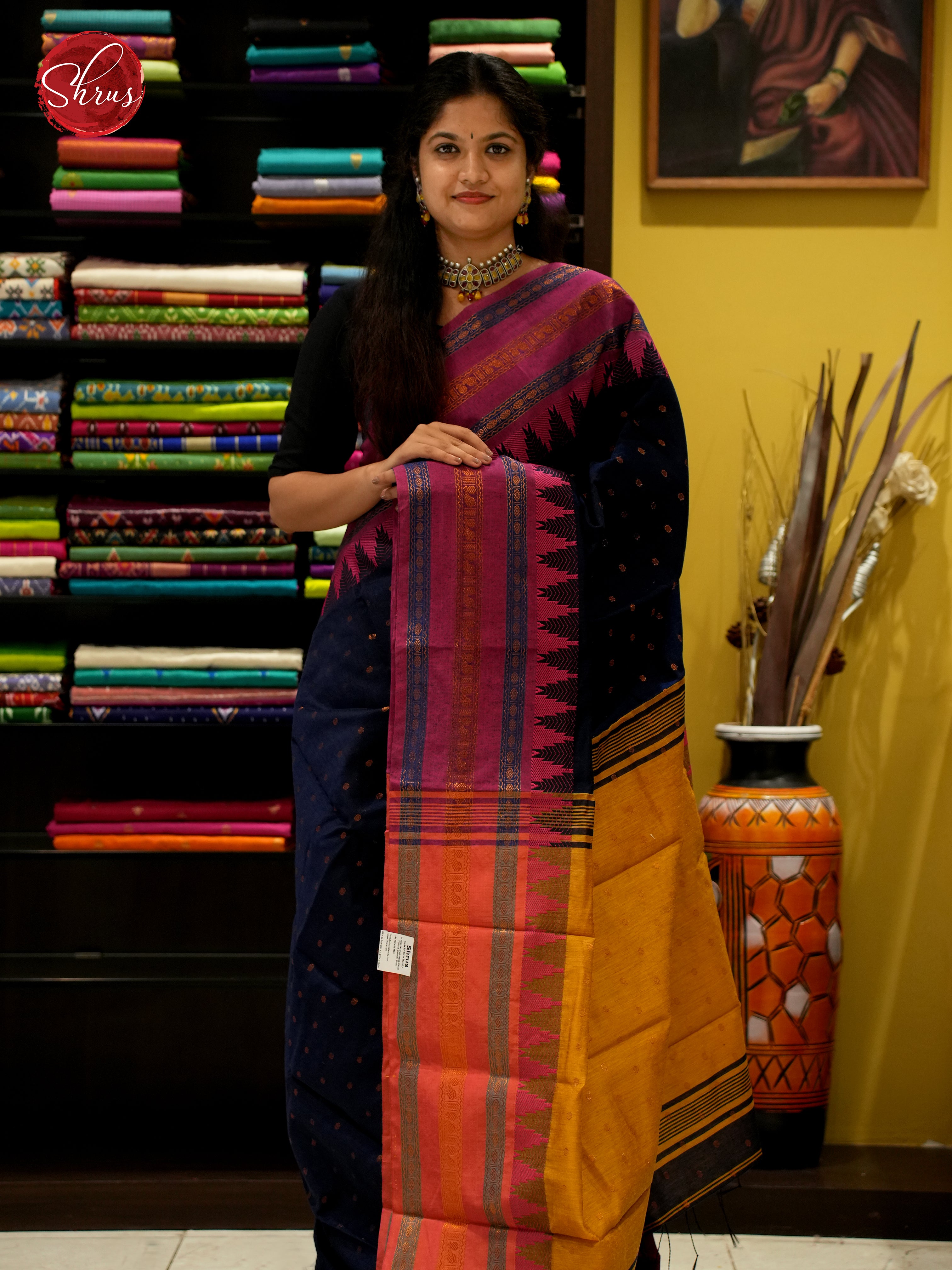 Blue & Yellow - Mercerized Cotton Saree - Shop on ShrusEternity.com