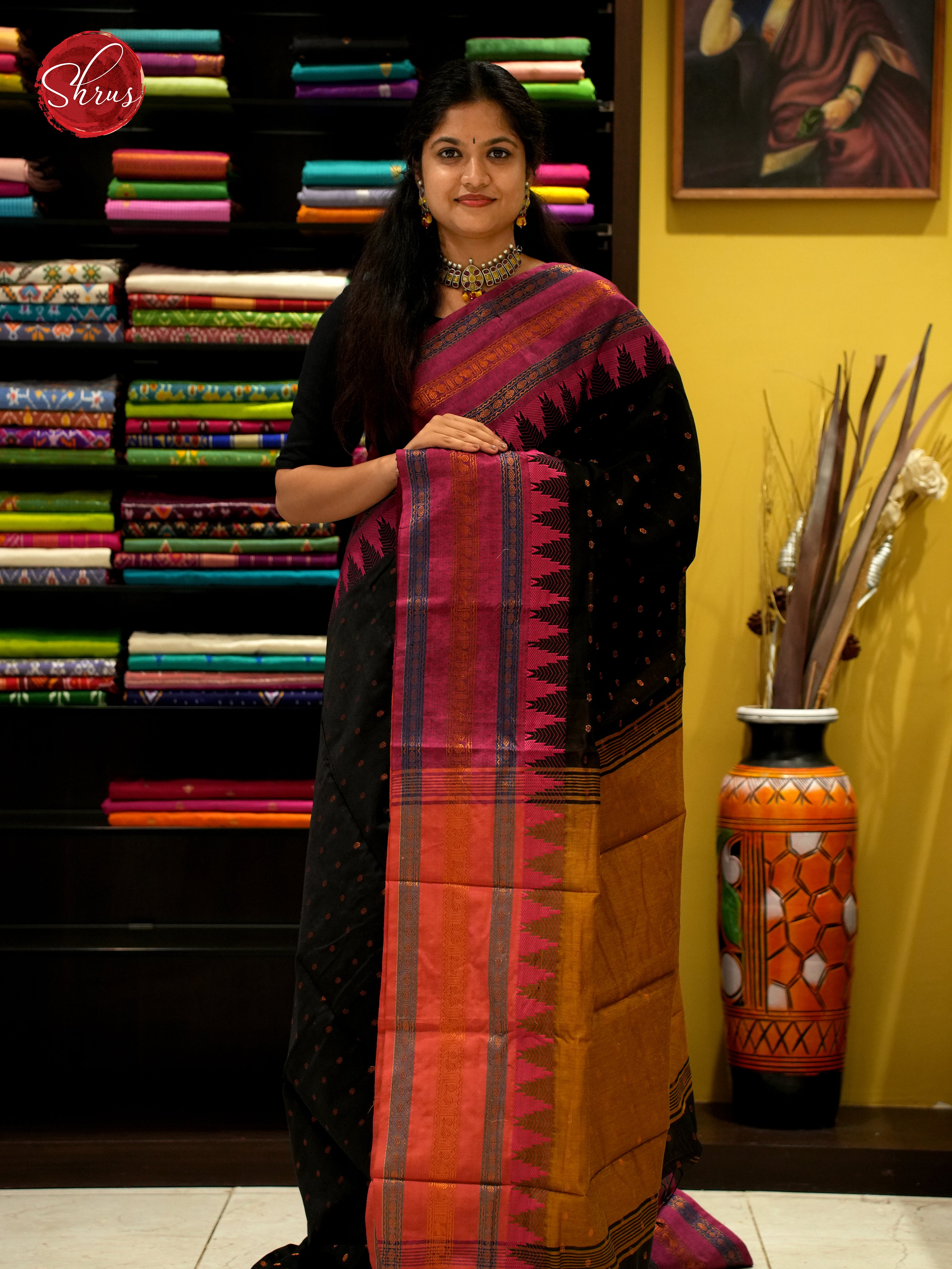 Black & Mustard - Mercerized Cotton Saree - Shop on ShrusEternity.com